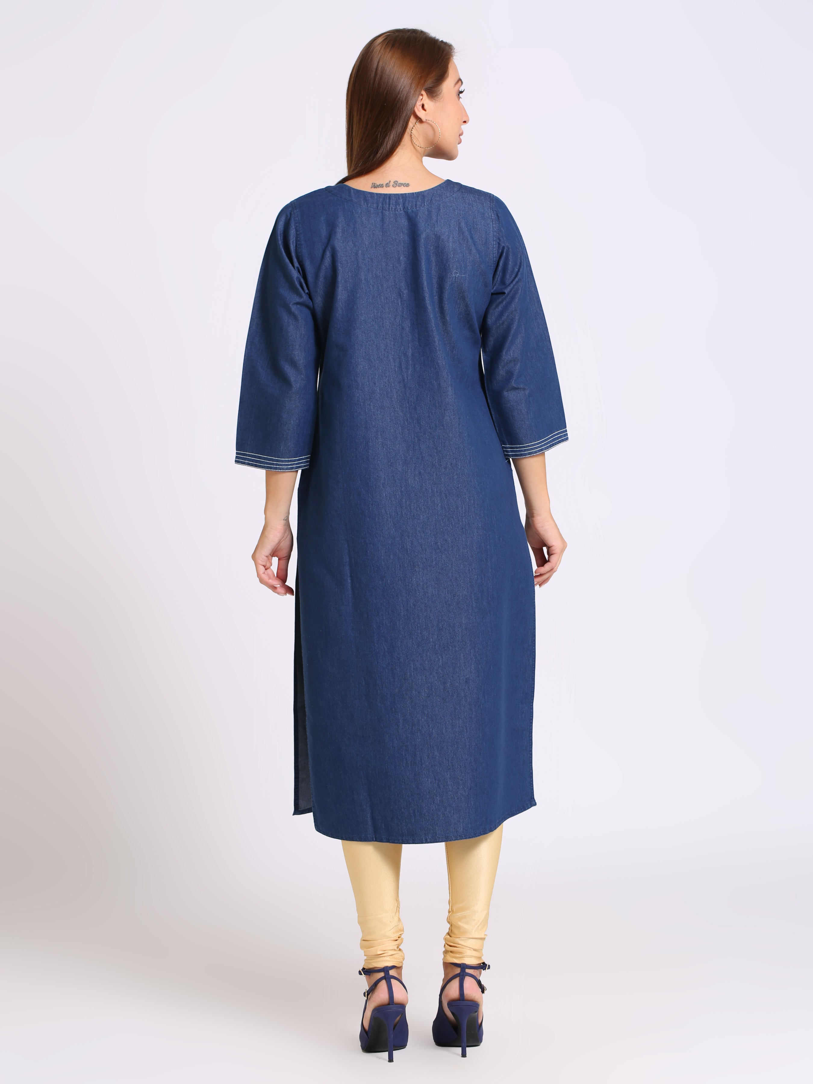 Denim Embroidered Round Neck Kurta