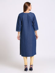 Denim Embroidered Round Neck Kurta