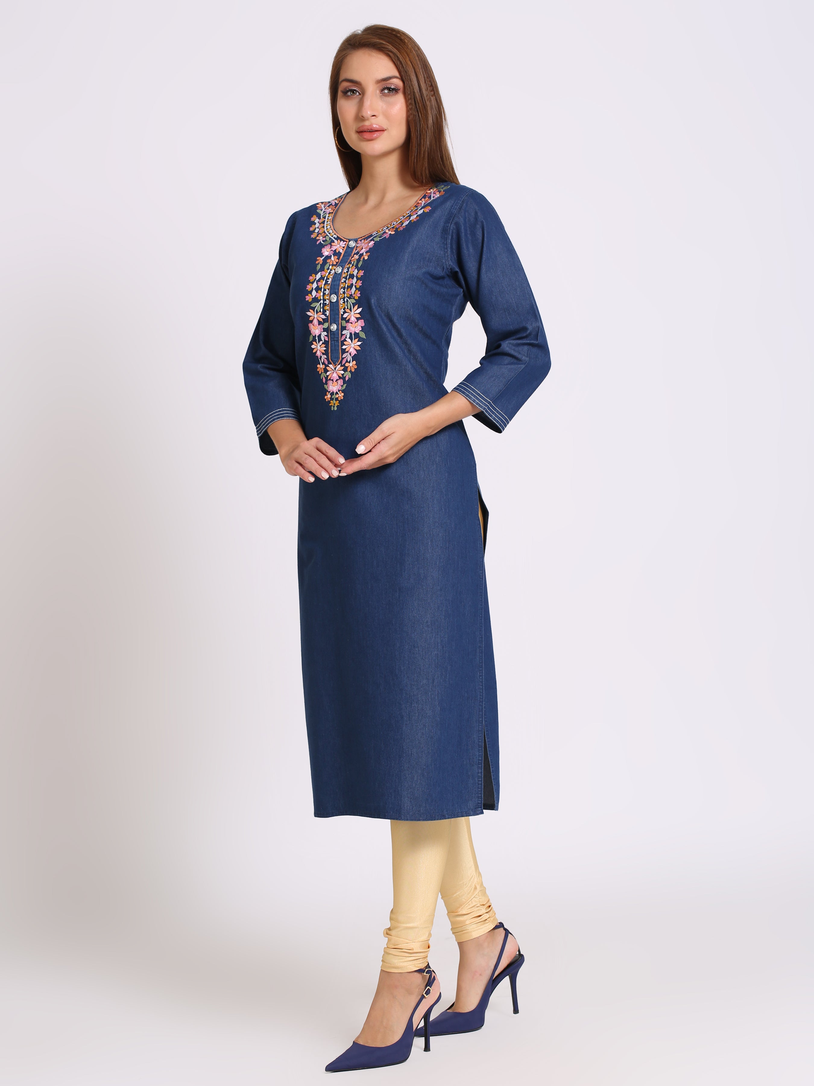 Denim Embroidered Round Neck Kurta