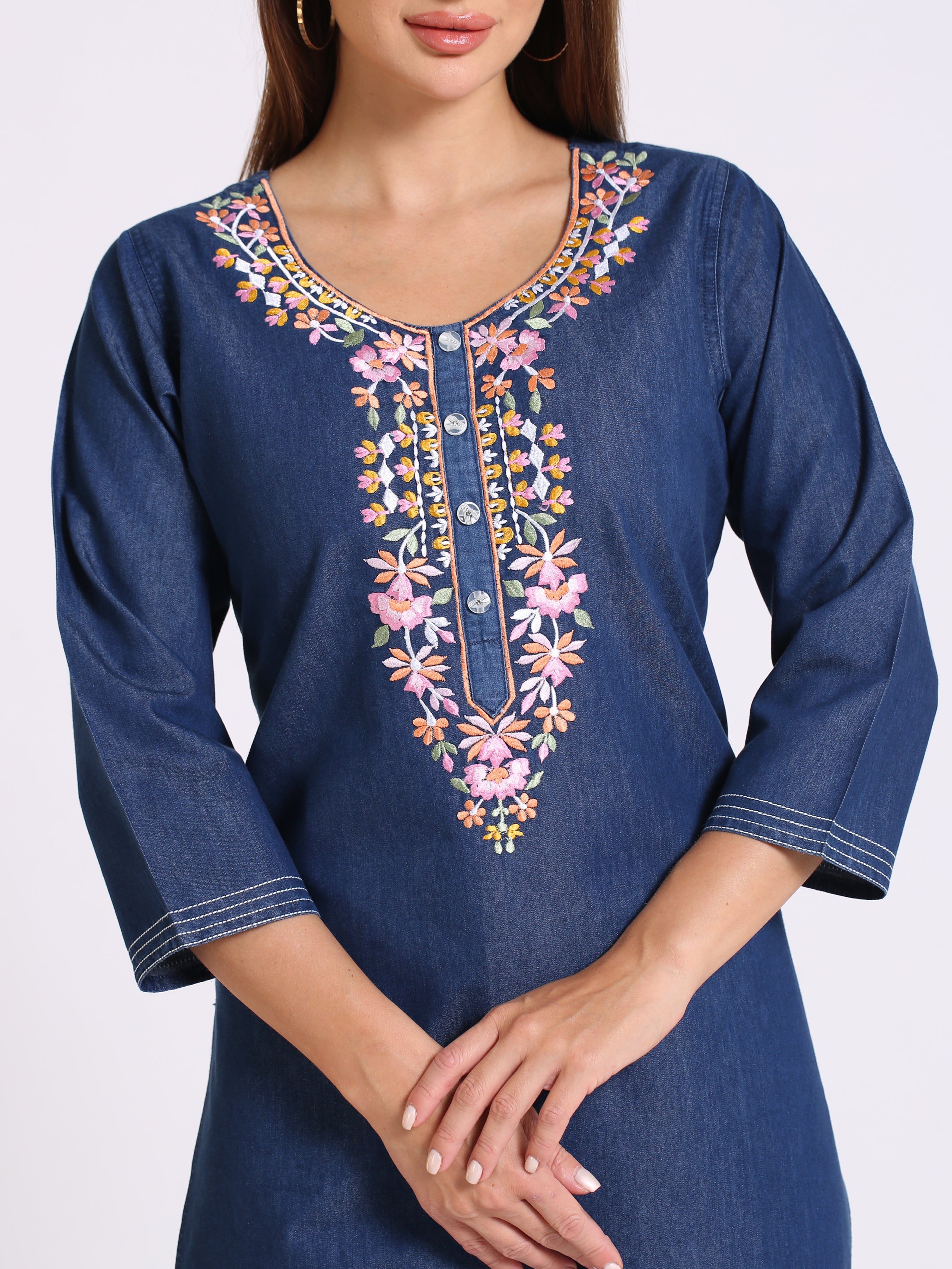 Denim Embroidered Round Neck Kurta
