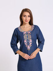 Denim Embroidered Round Neck Kurta
