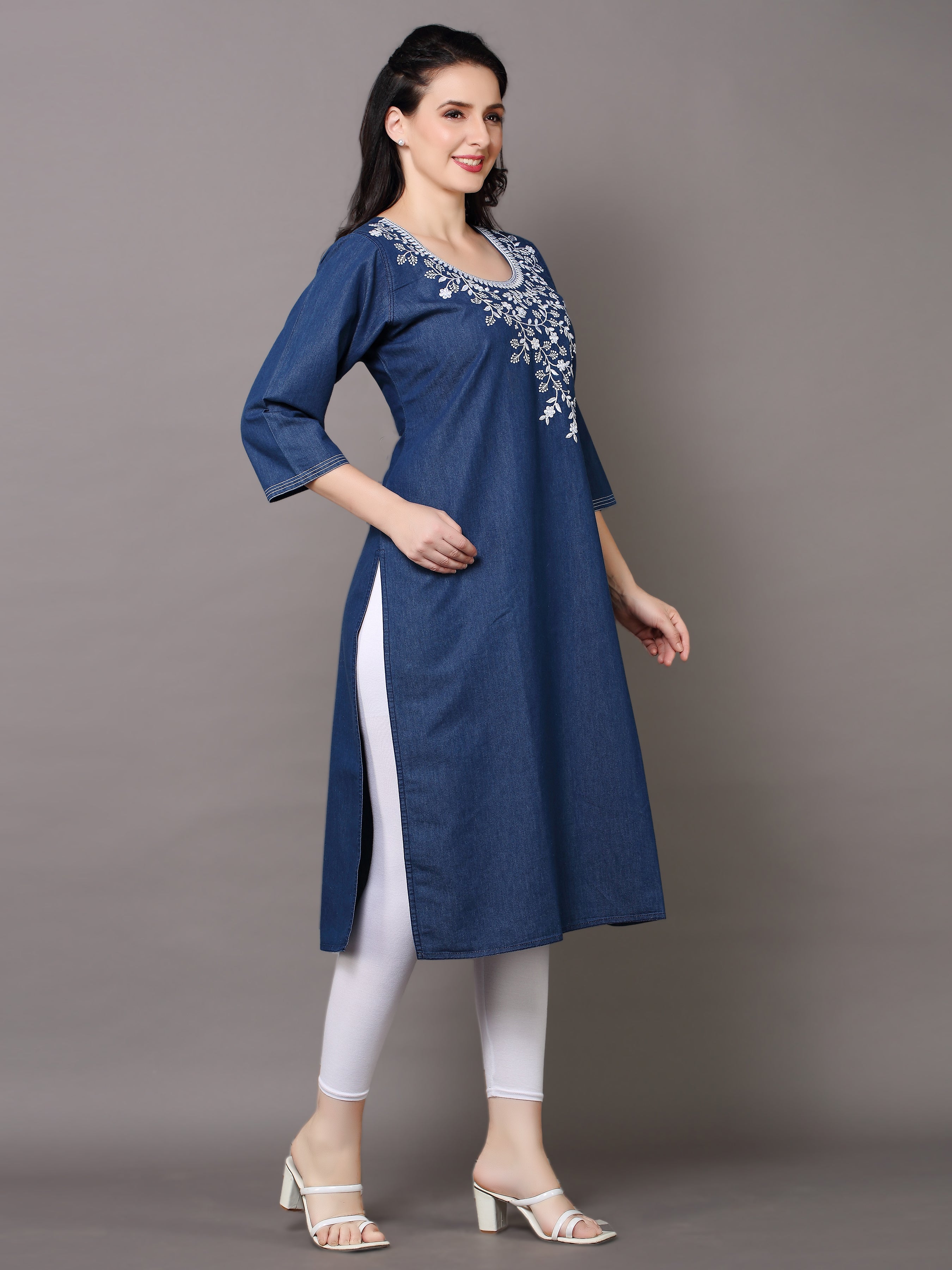 Denim Embroidered Kurta