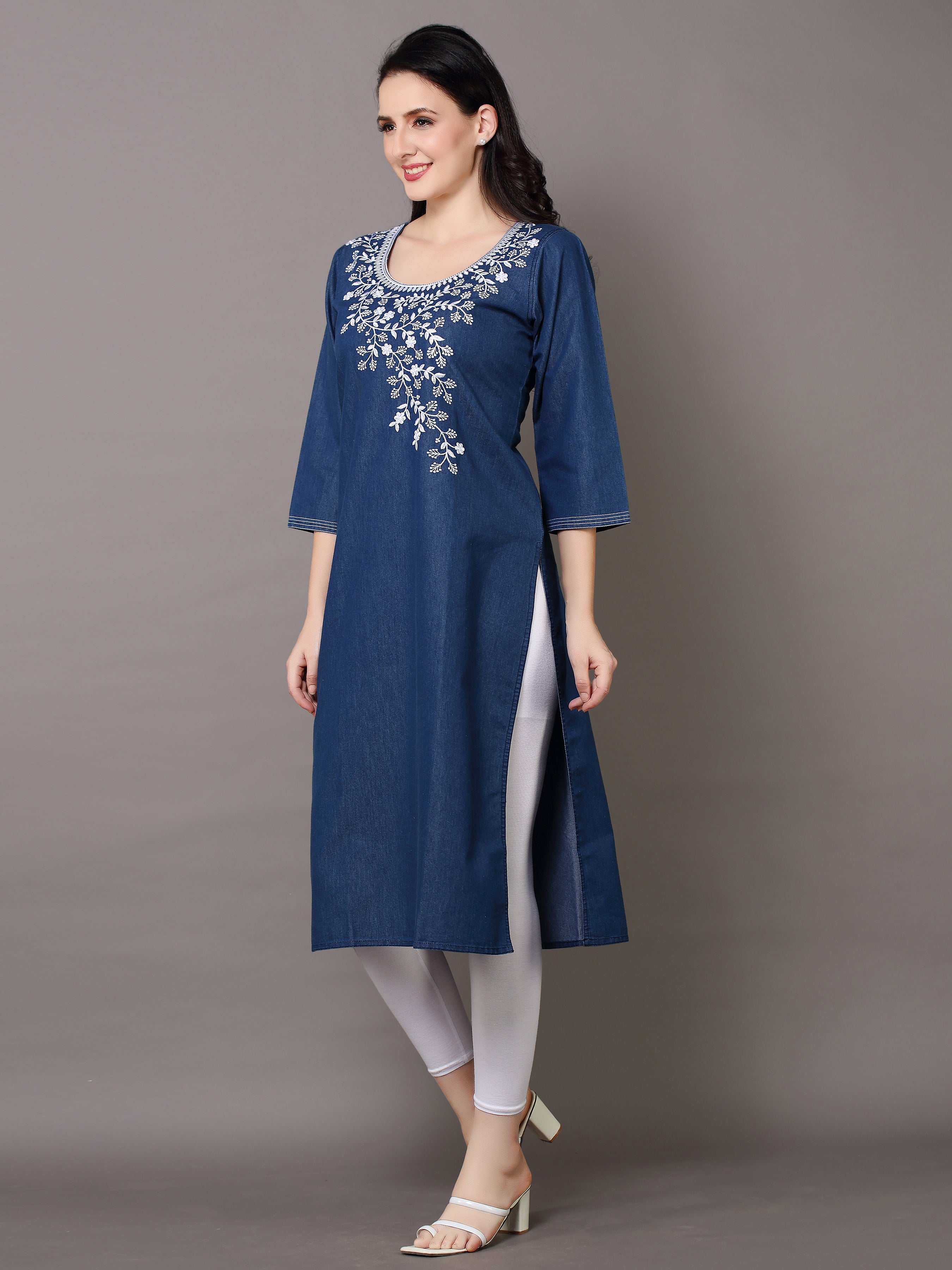 Denim Embroidered Kurta