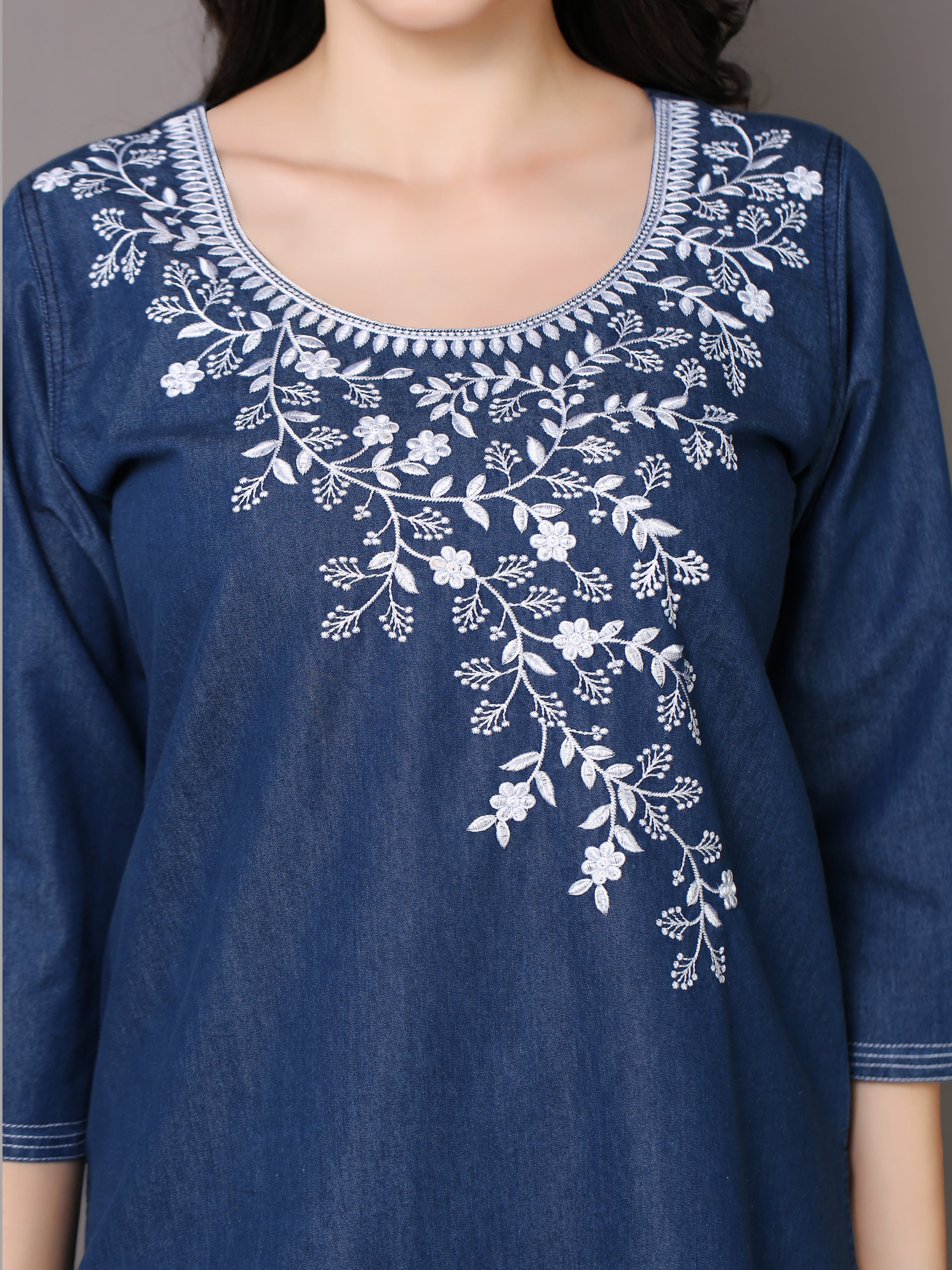Denim Embroidered Kurta