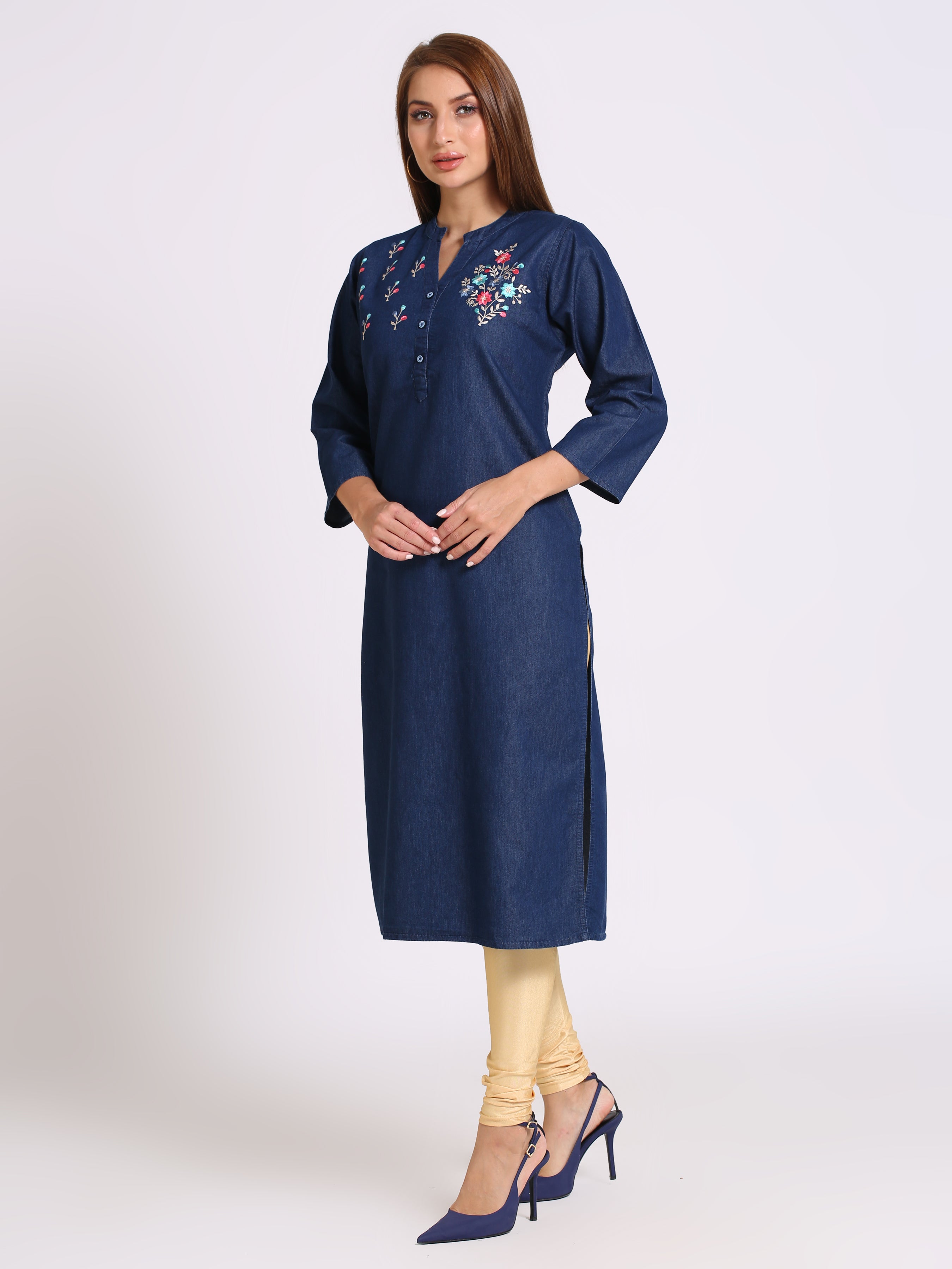 Denim Embroidered Kurta