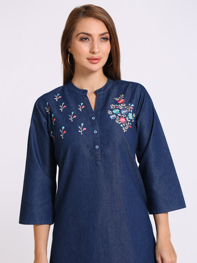 Denim Embroidered Kurta