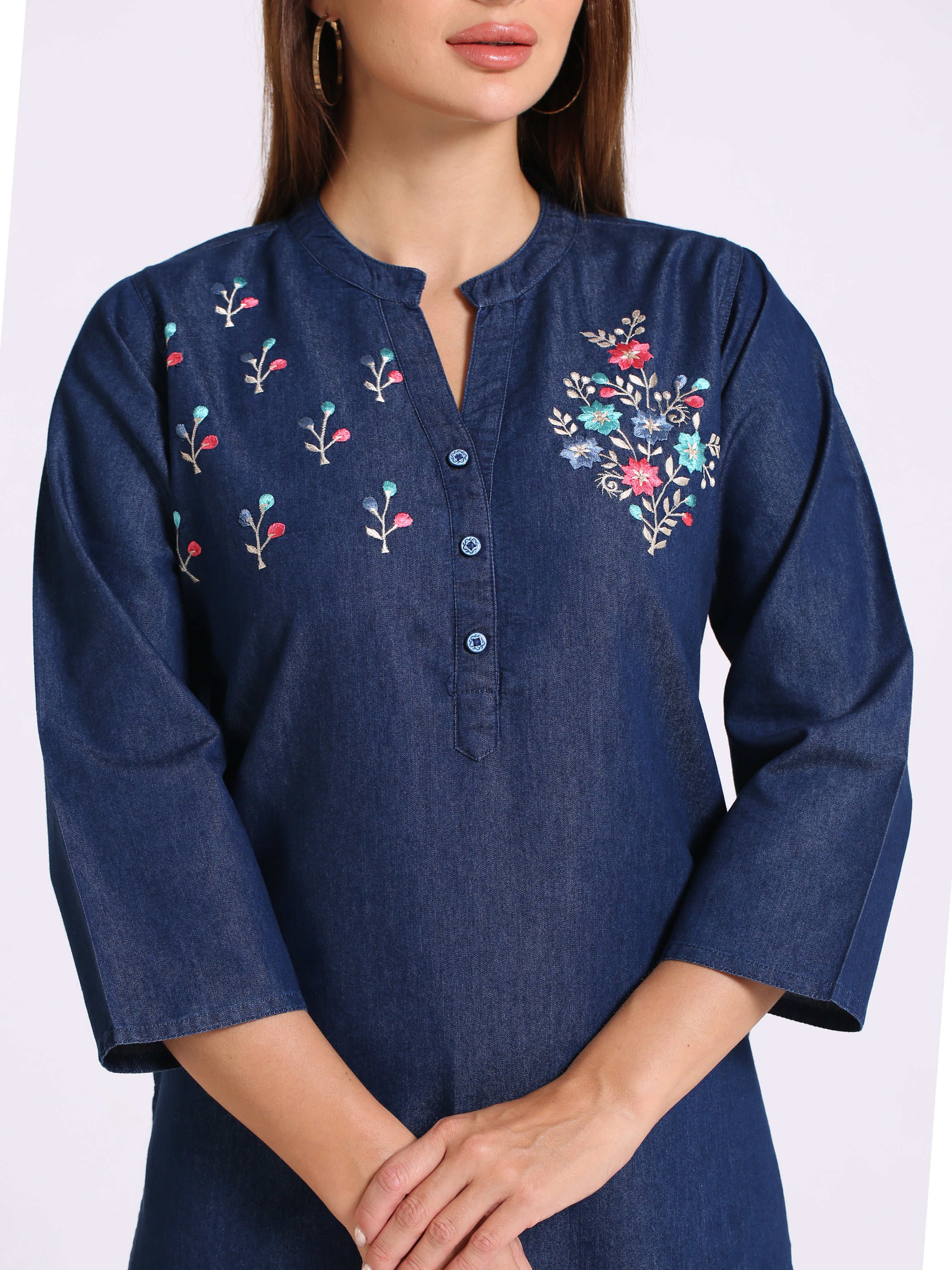 Denim Embroidered Kurta