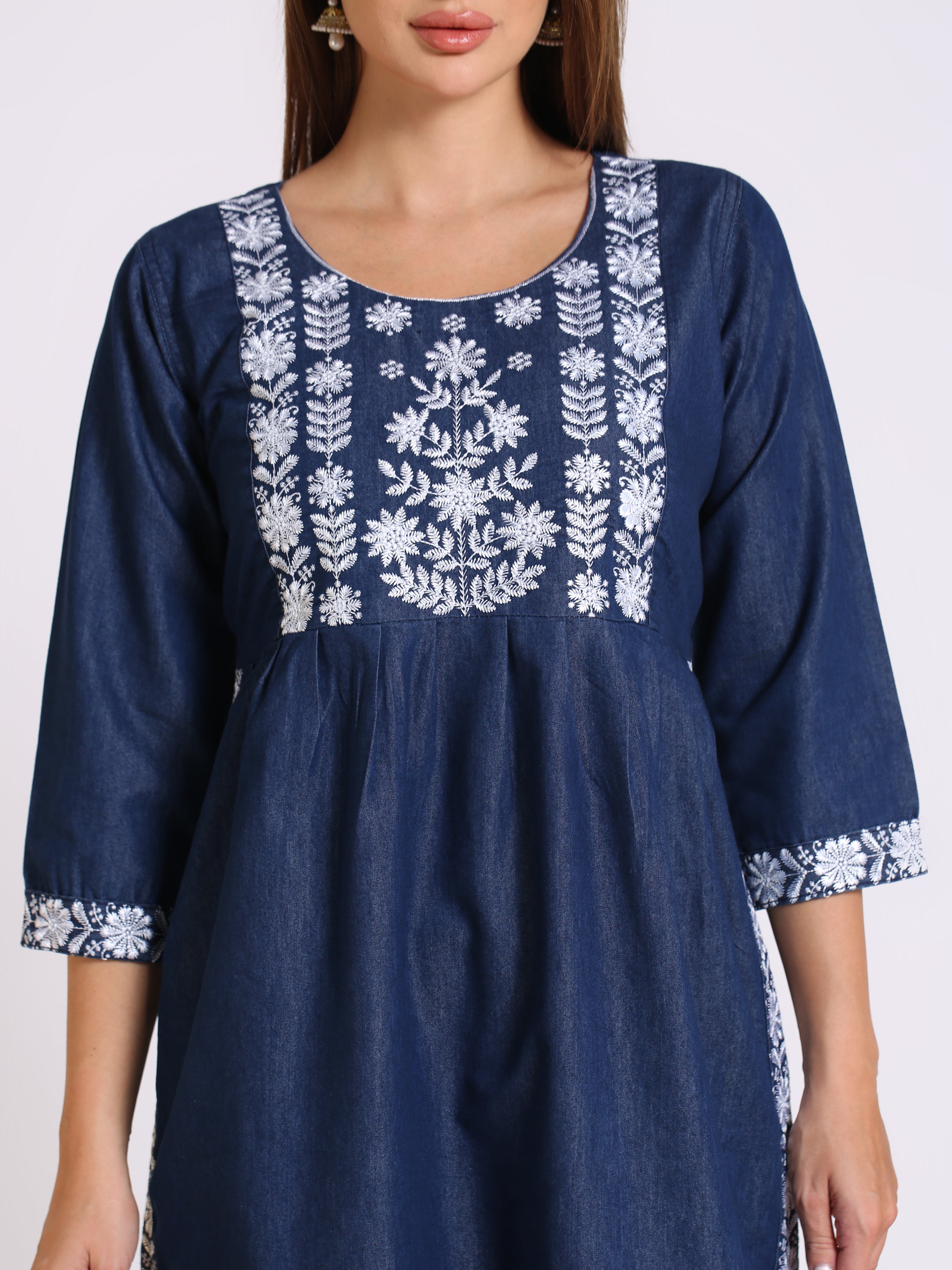 Denim Nayra Style Embroidered Round Neck Kurta