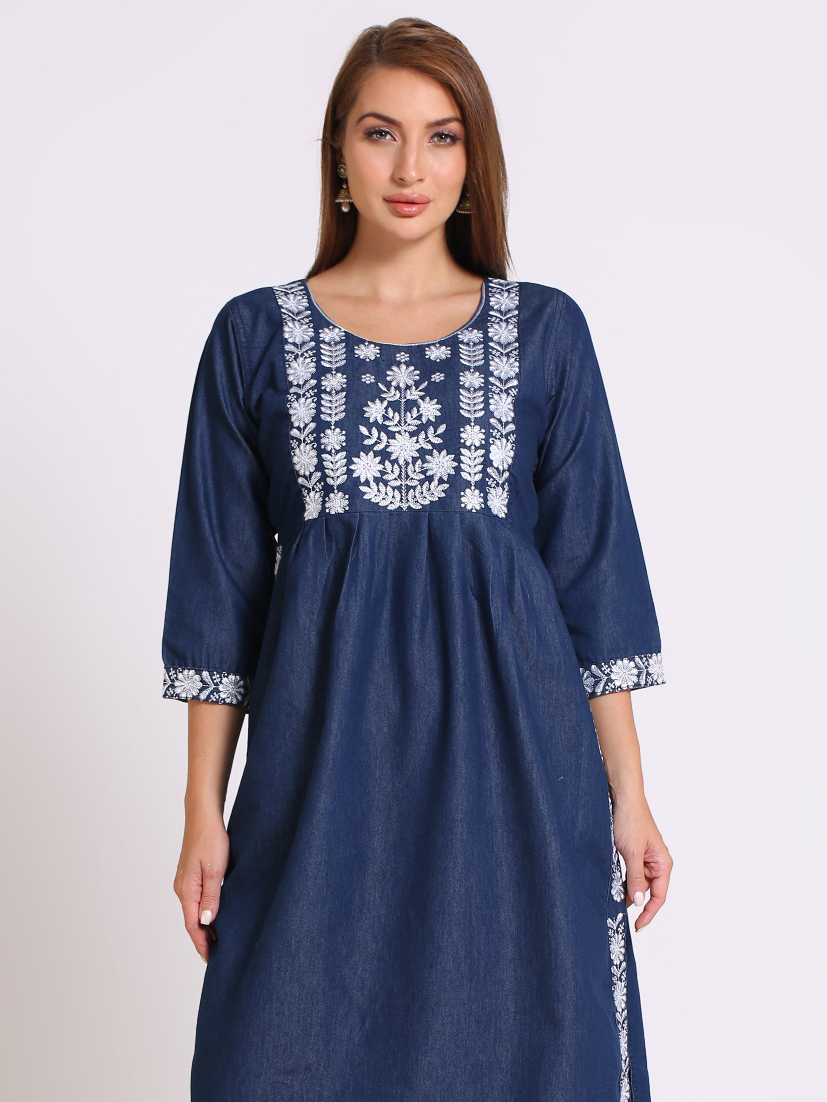 Denim Nayra Style Embroidered Round Neck Kurta