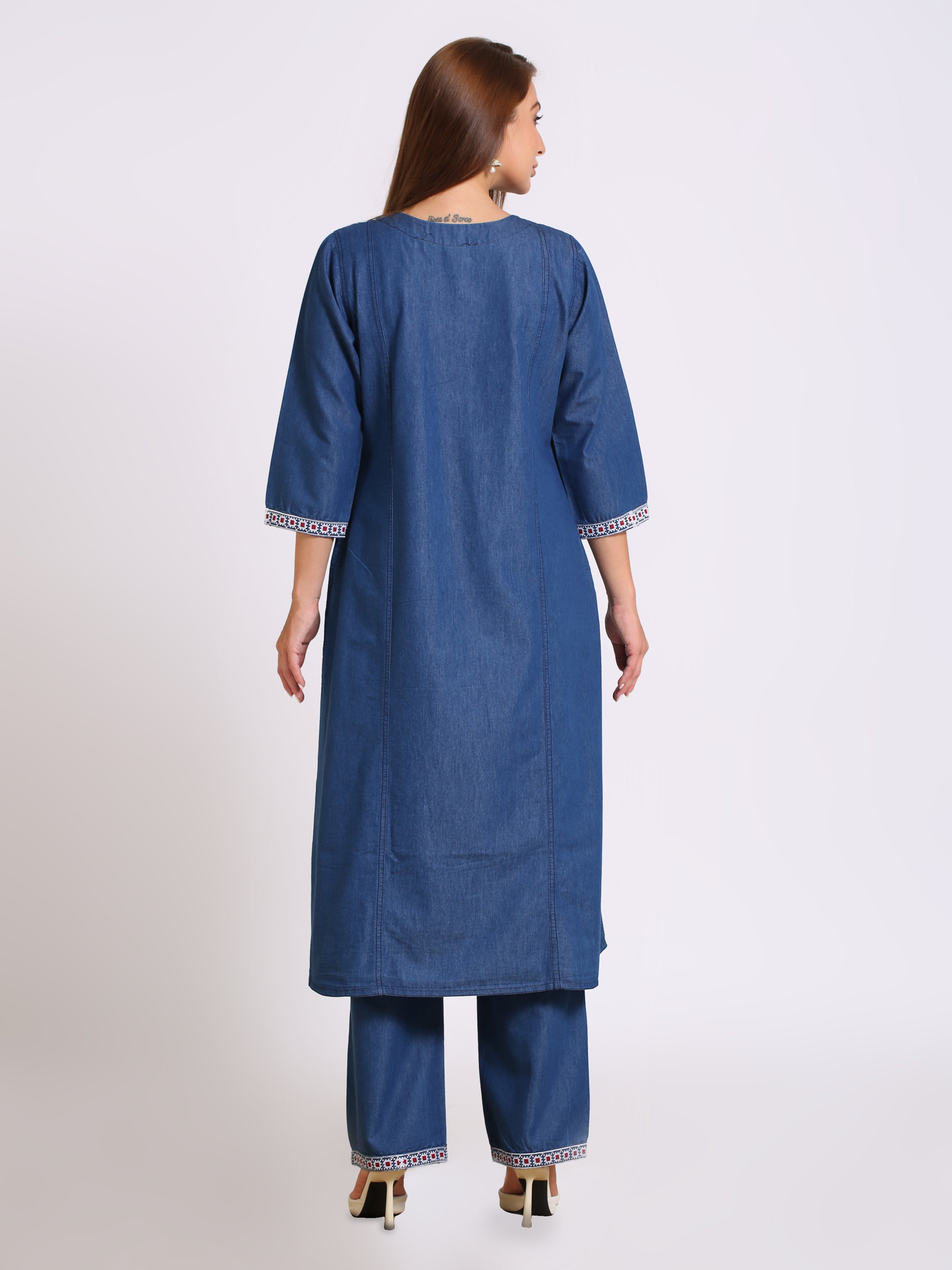 Denim Embroidered Tabla Neck Slit Round Neck Kurta