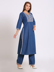 Denim Embroidered Tabla Neck Slit Round Neck Kurta