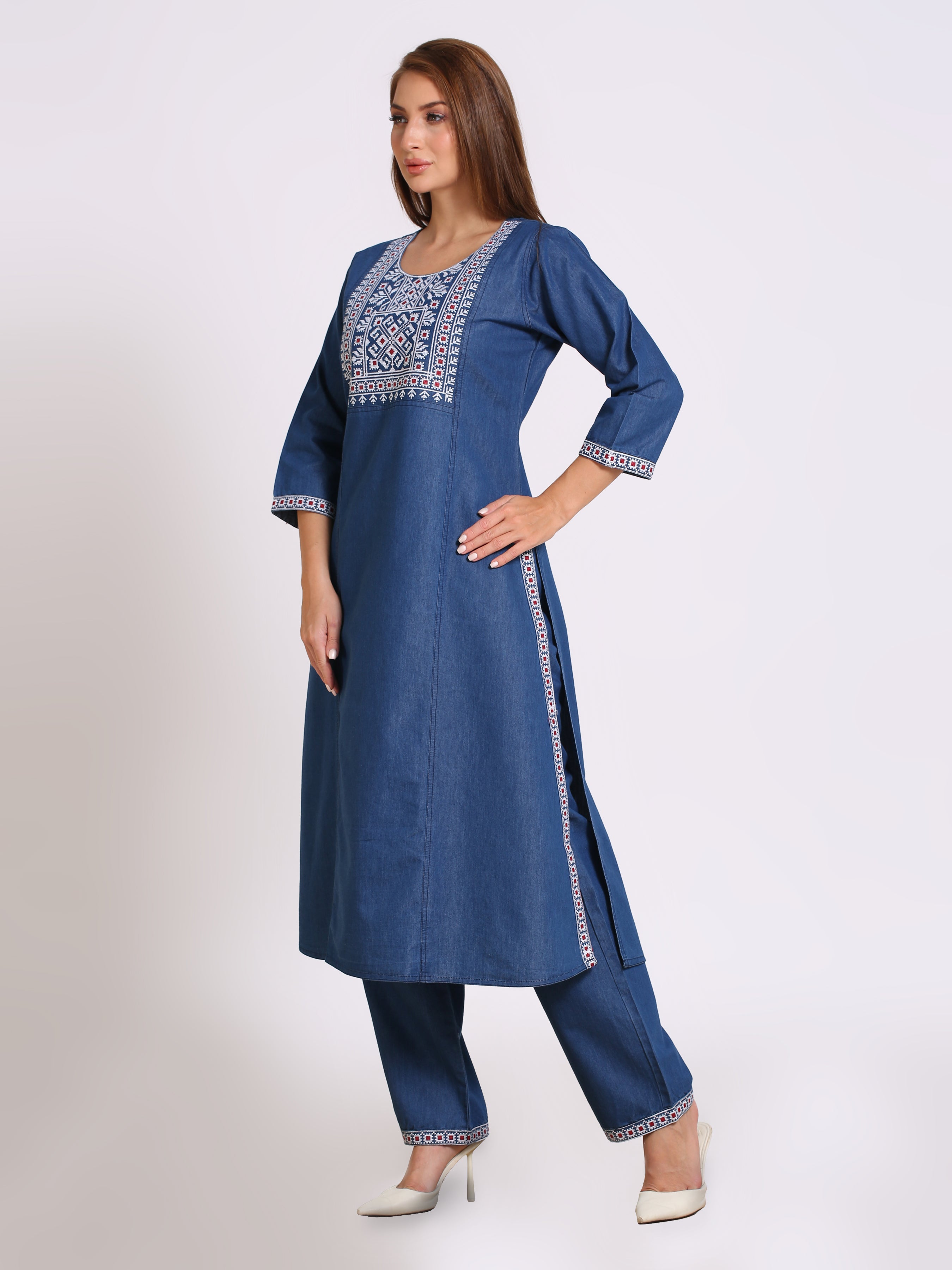 Denim Embroidered Tabla Neck Slit Round Neck Kurta