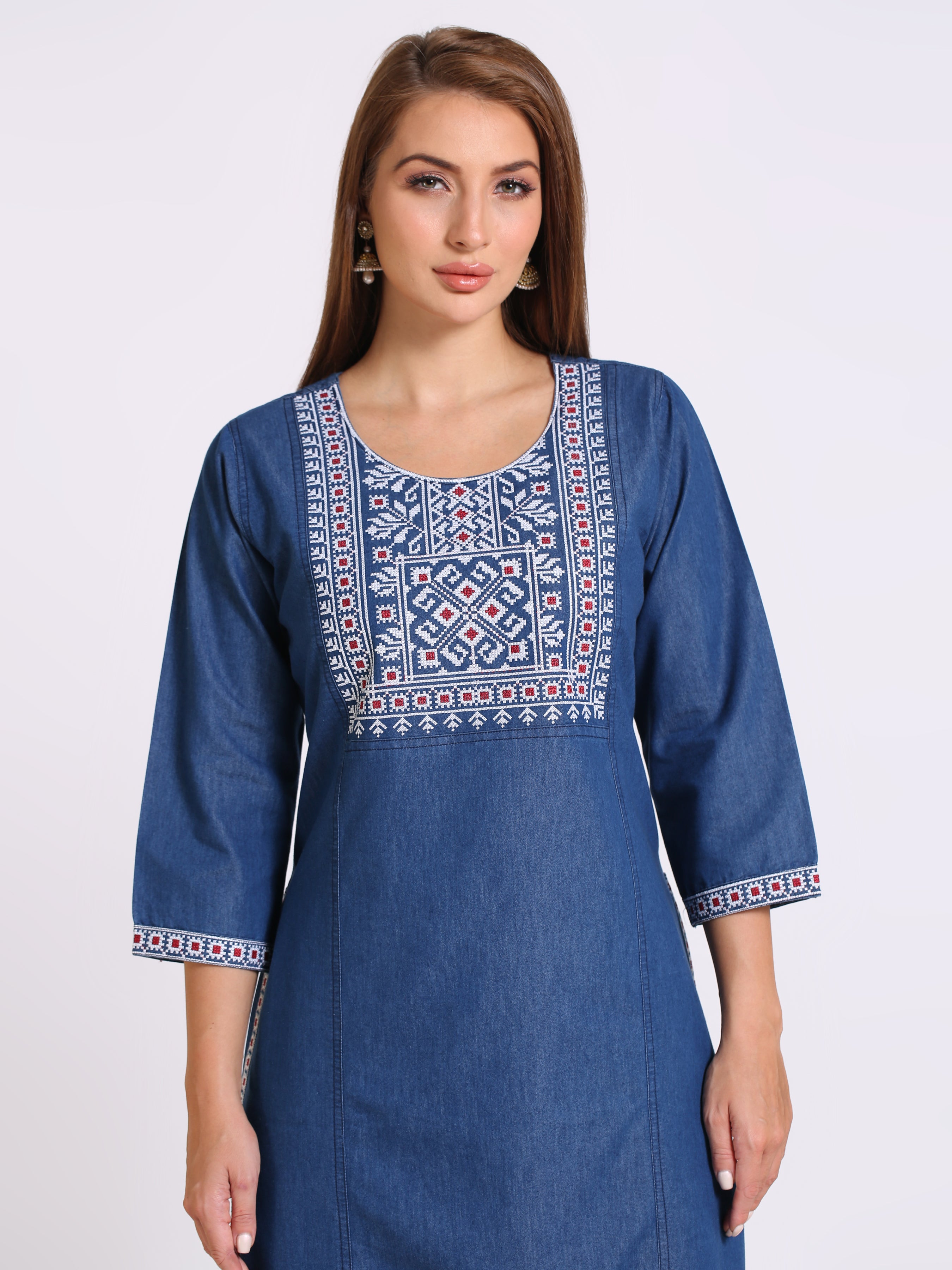 Denim Embroidered Tabla Neck Slit Round Neck Kurta