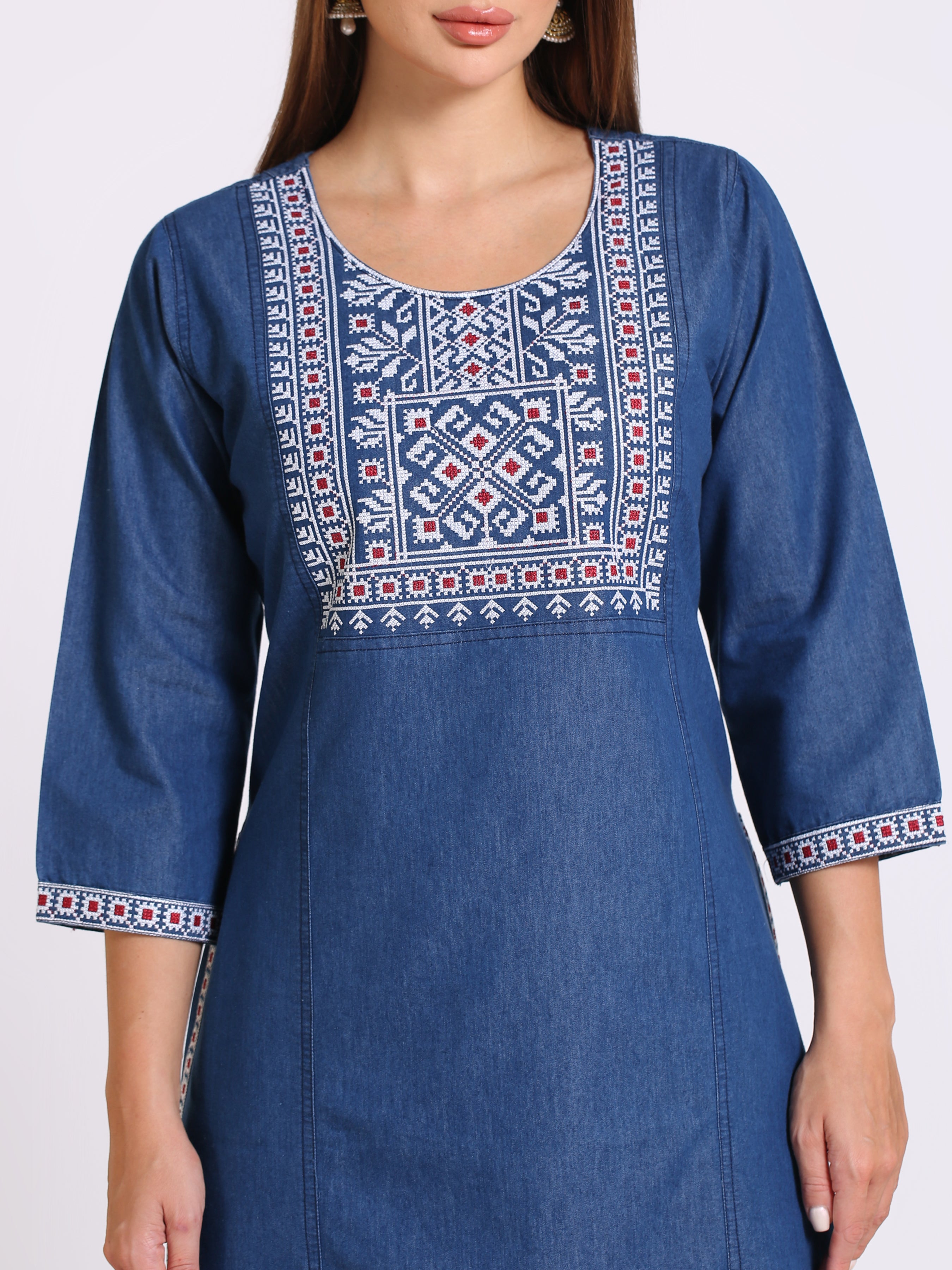 Denim Embroidered Tabla Neck Slit Round Neck Kurta