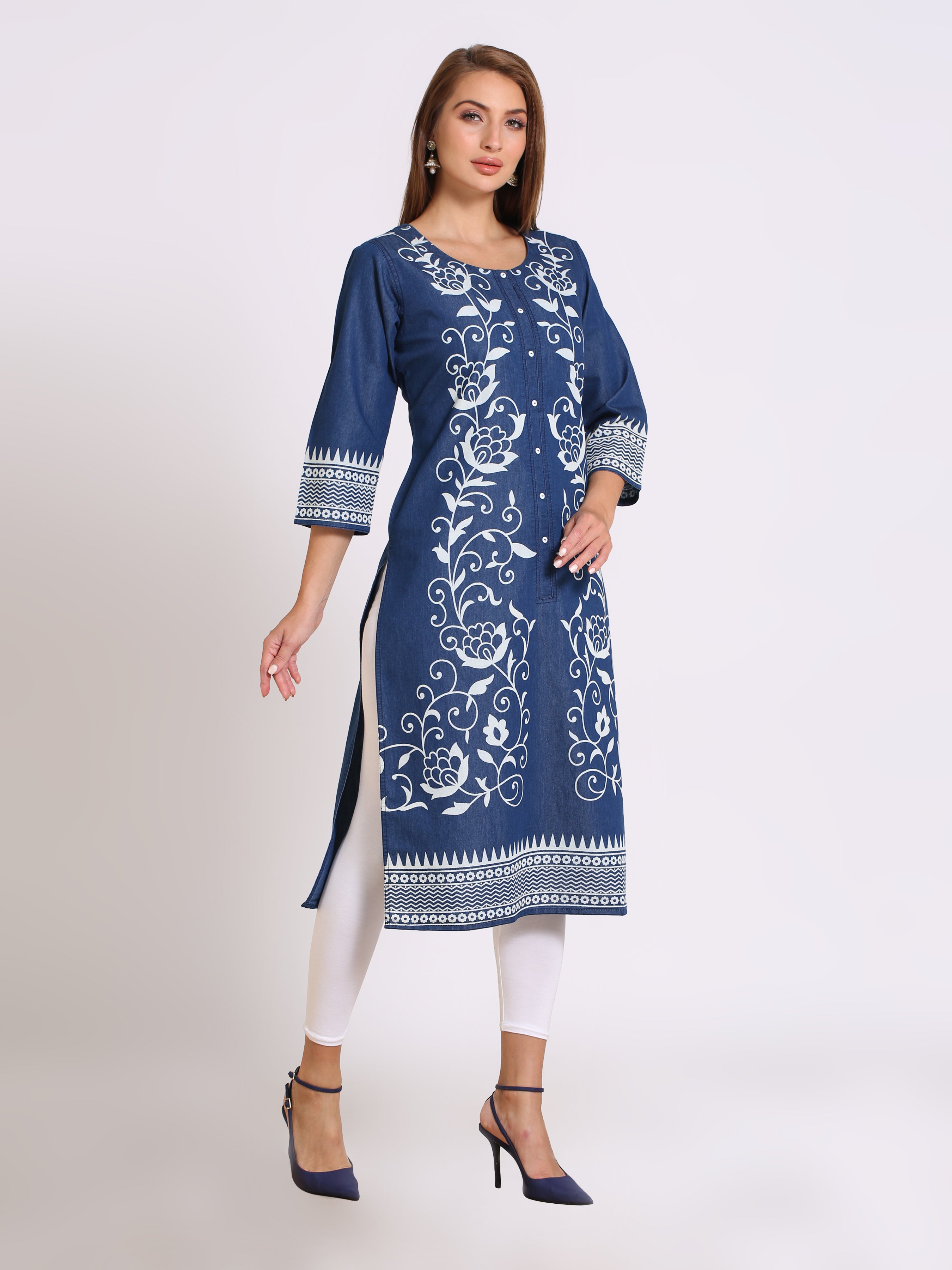 Denim Printed Full Panel Round Neck Kurta