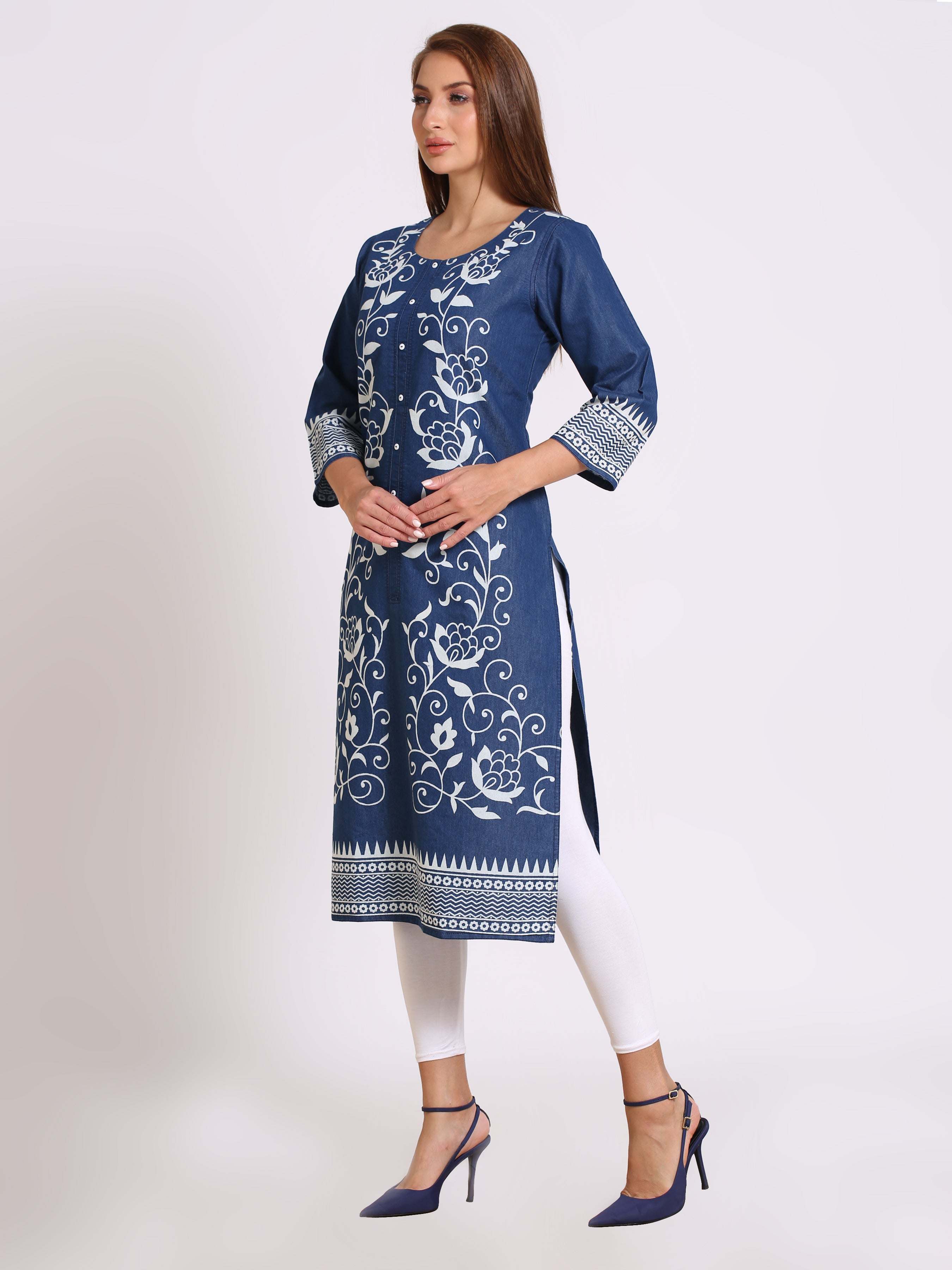 Denim Printed Full Panel Round Neck Kurta