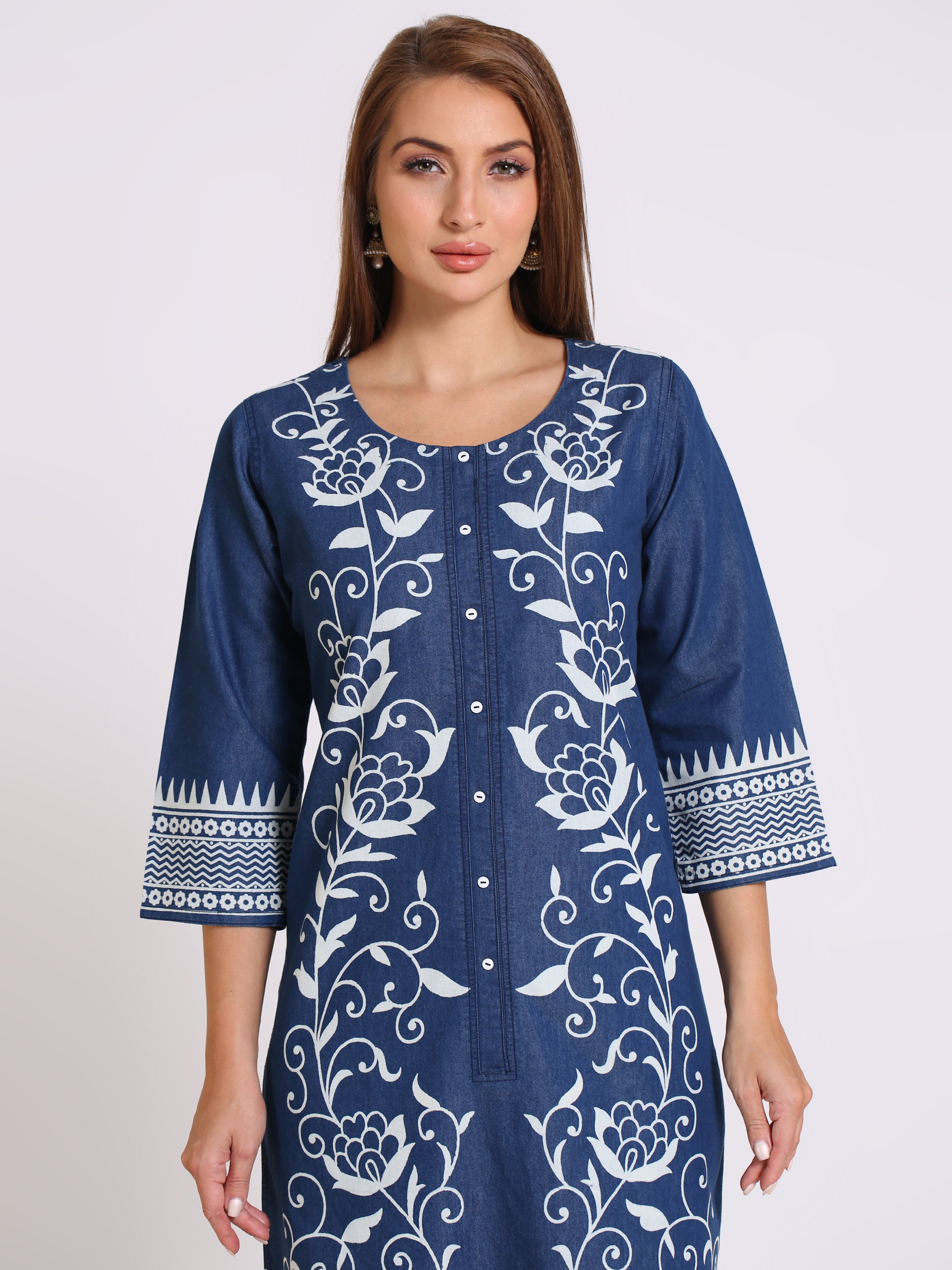 Denim Printed Full Panel Round Neck Kurta