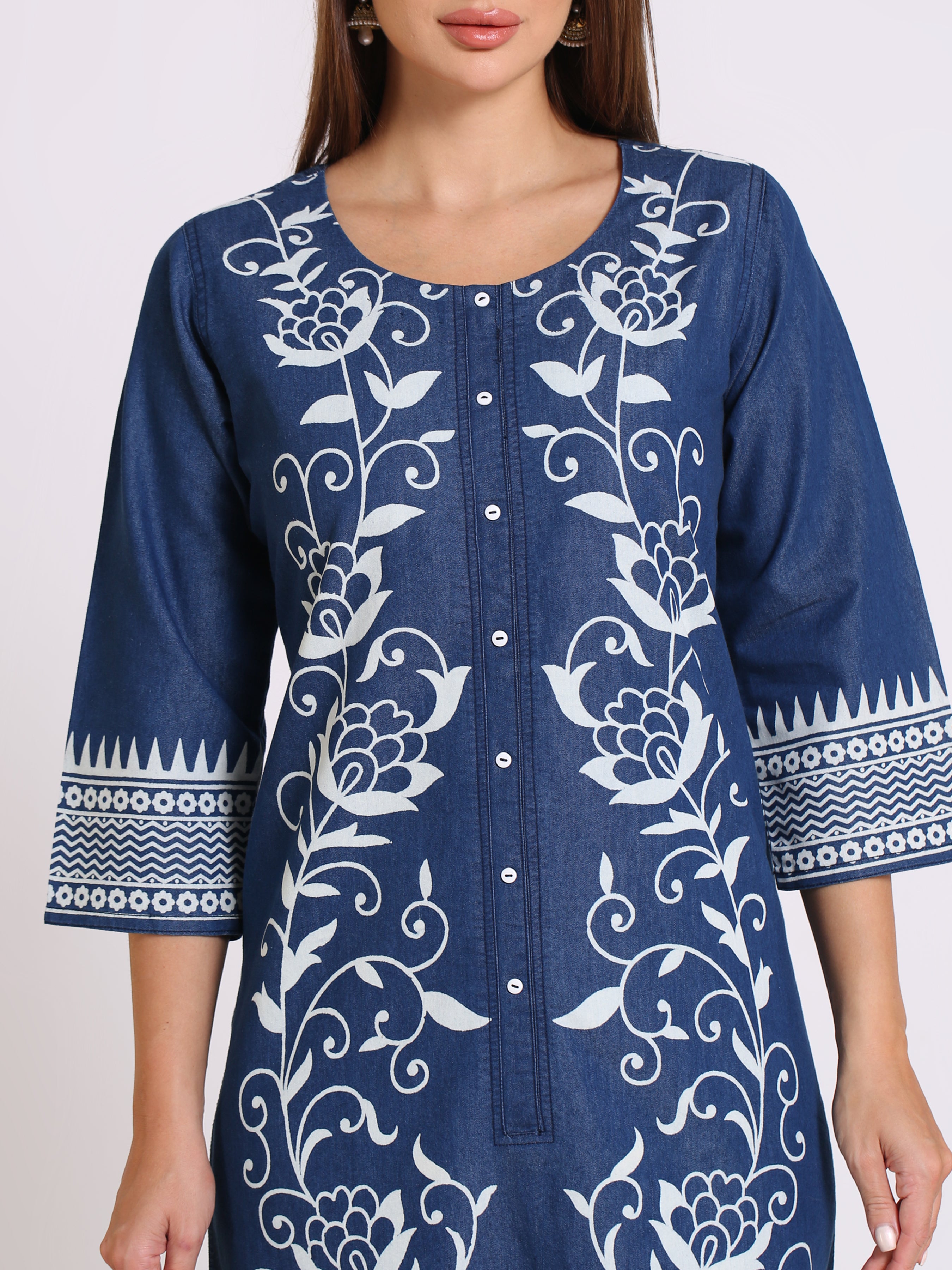 Denim Printed Full Panel Round Neck Kurta