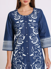 Denim Printed Full Panel Round Neck Kurta