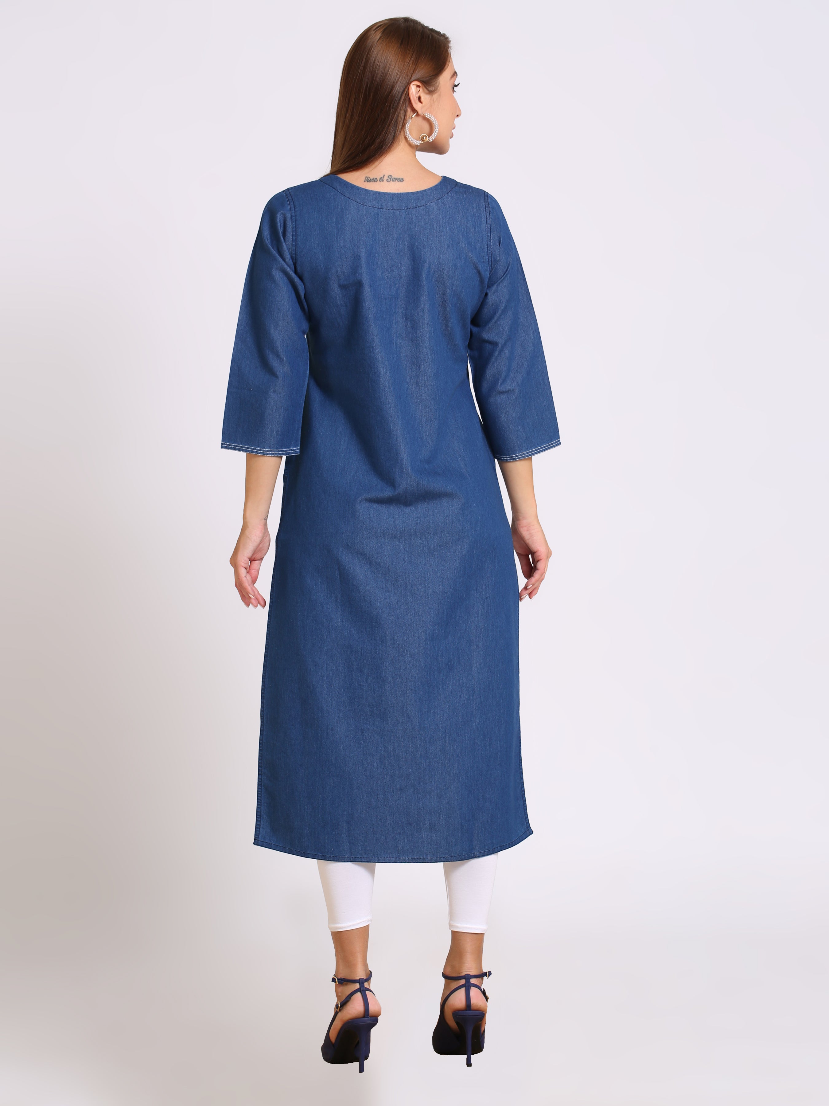 Denim Embroidered Tabla Round Neck Kurta