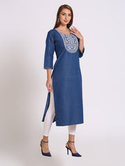 Denim Embroidered Tabla Round Neck Kurta