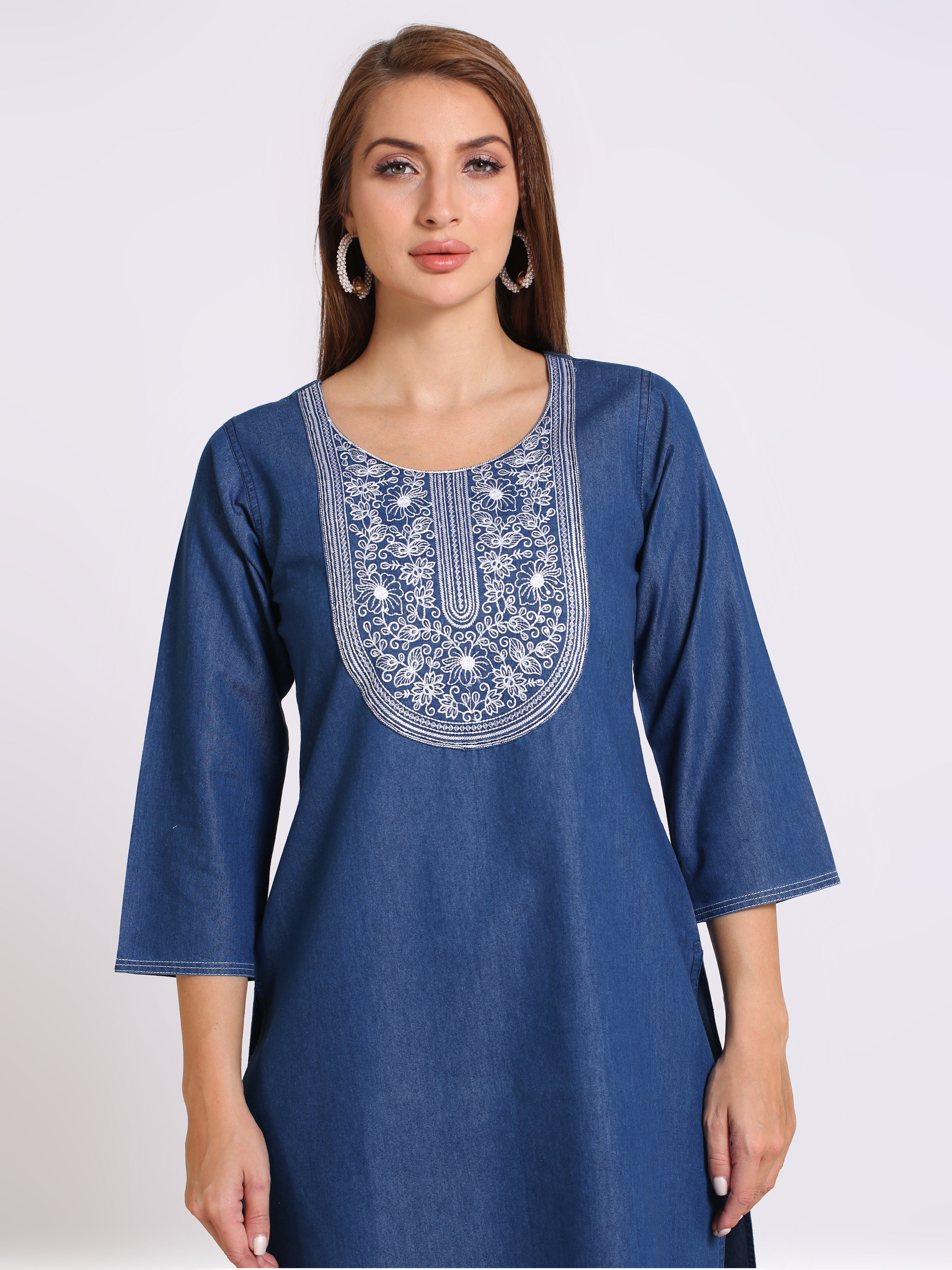 Denim Embroidered Tabla Round Neck Kurta