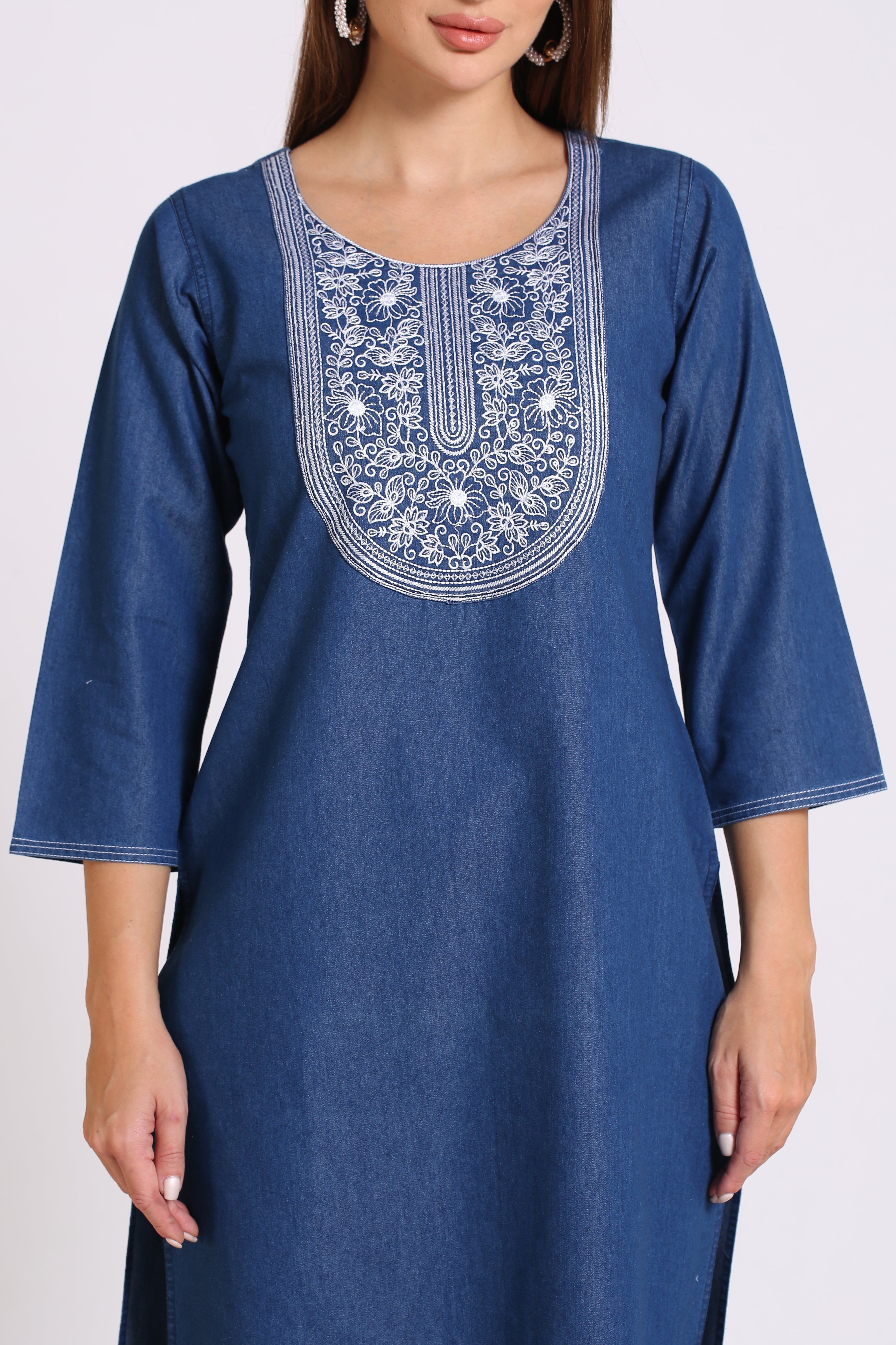 Denim Embroidered Tabla Round Neck Kurta