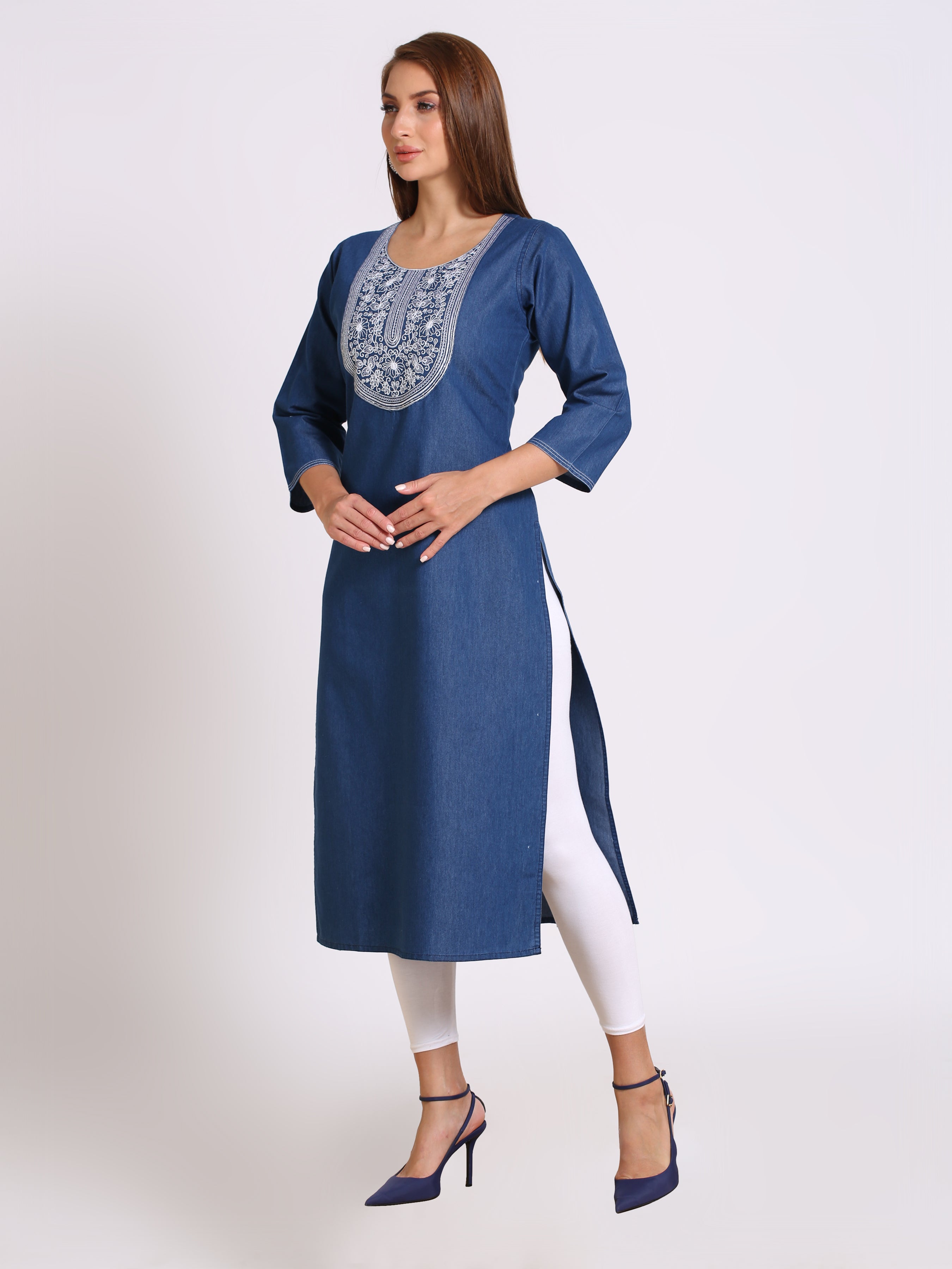 Denim Embroidered Tabla Round Neck Kurta