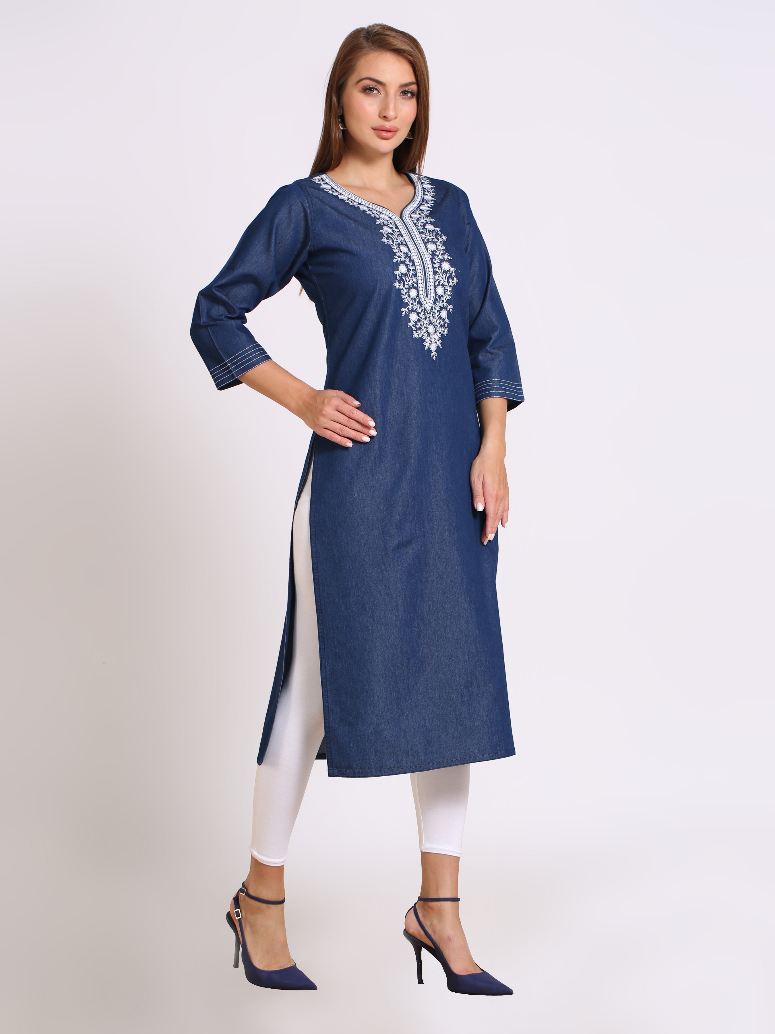 Denim Embroidered Round Neck Kurta