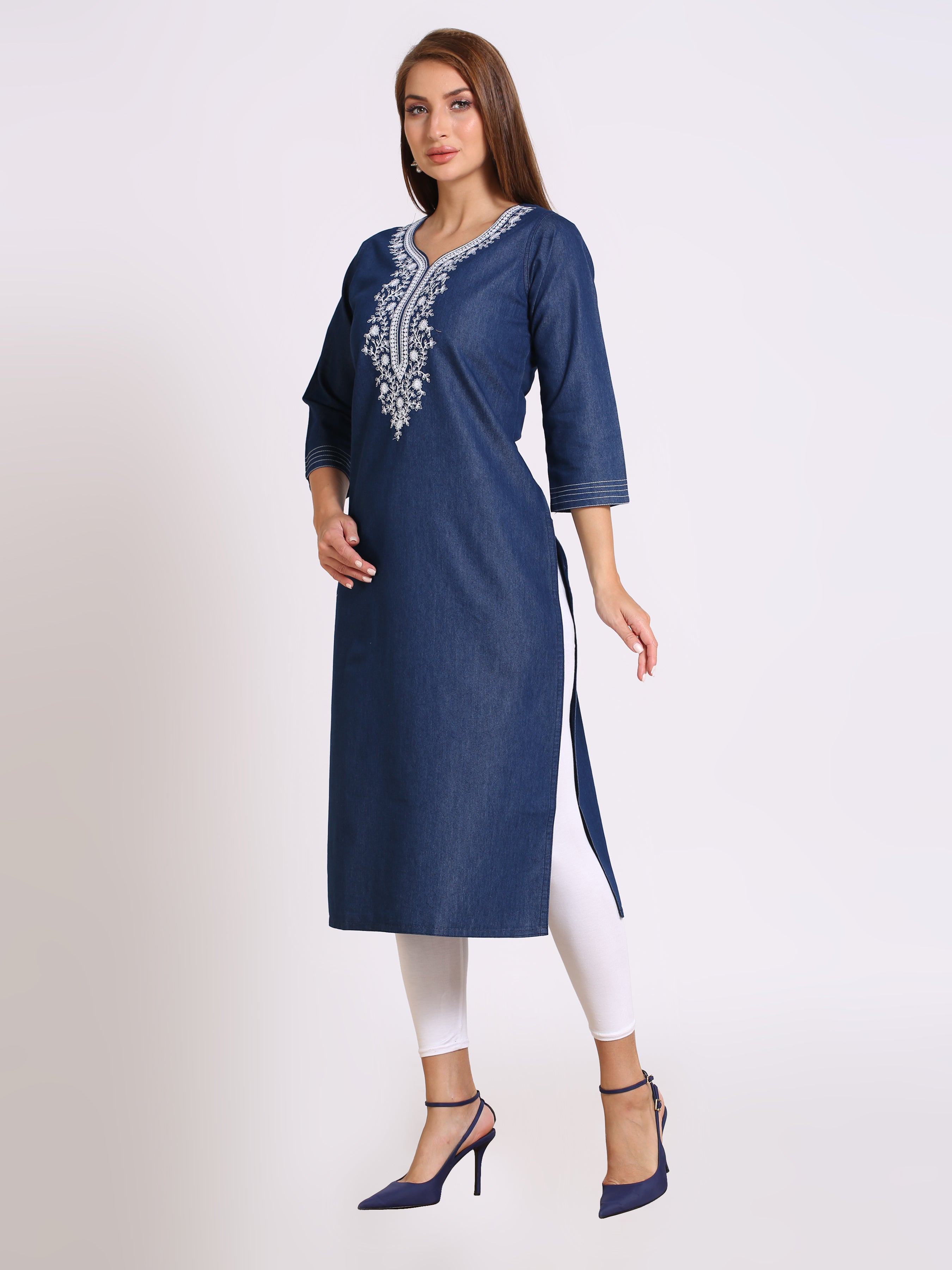Denim Embroidered Round Neck Kurta