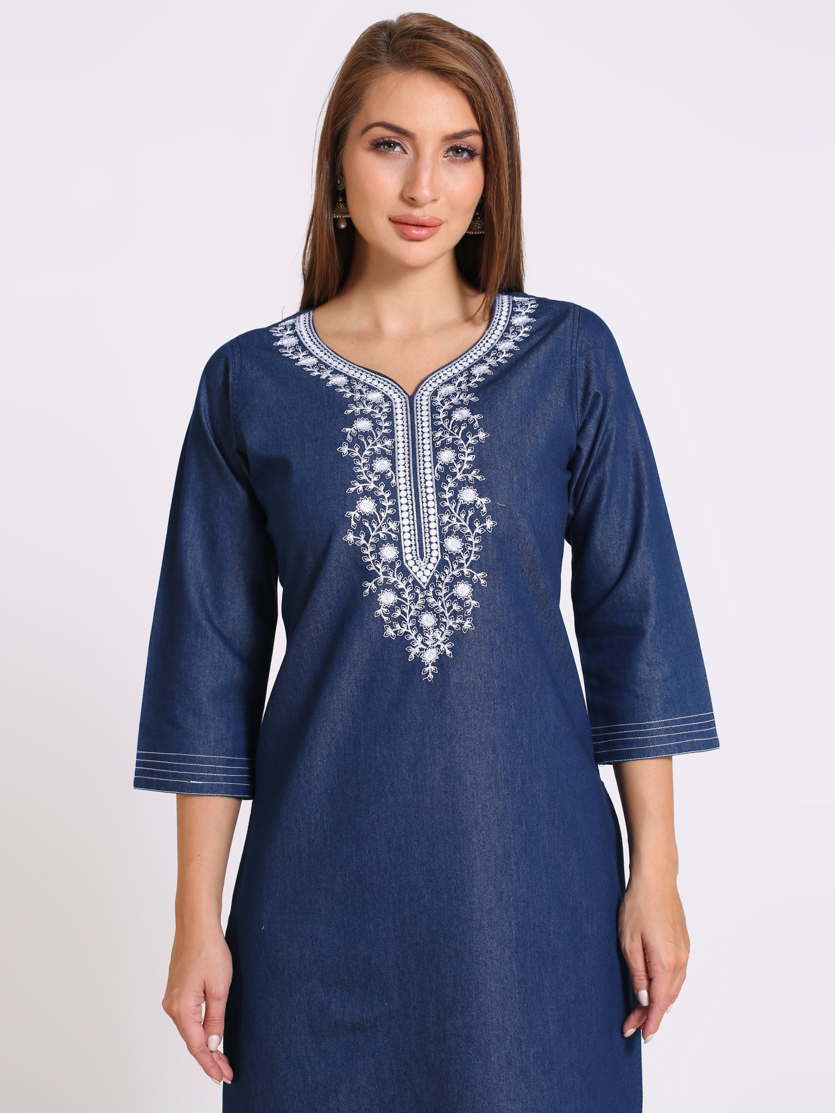 Denim Embroidered Round Neck Kurta