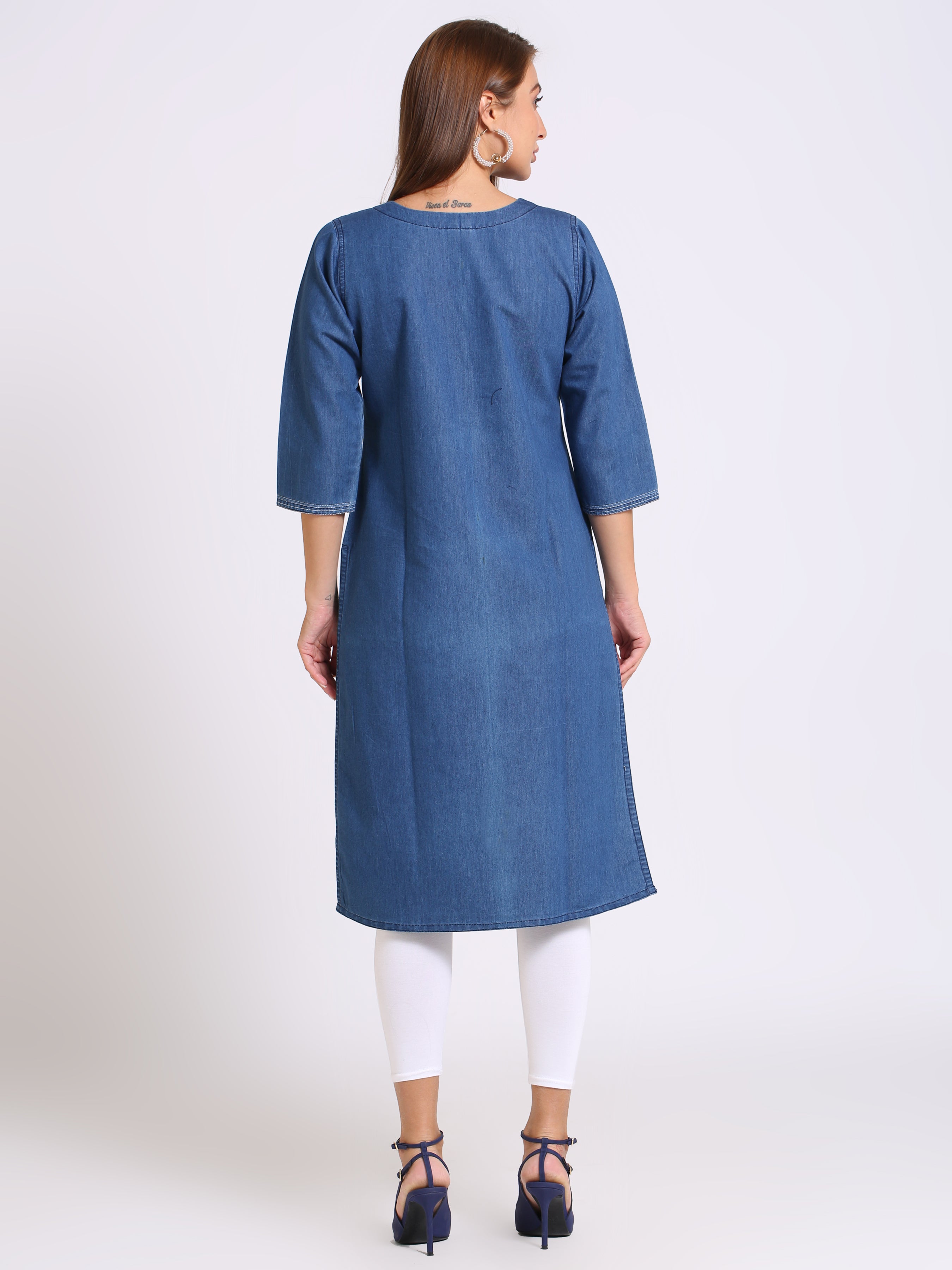 Denim Embroidered Dori Kantha work Round Neck Kurta
