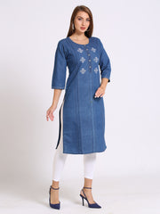 Denim Embroidered Dori Kantha work Round Neck Kurta