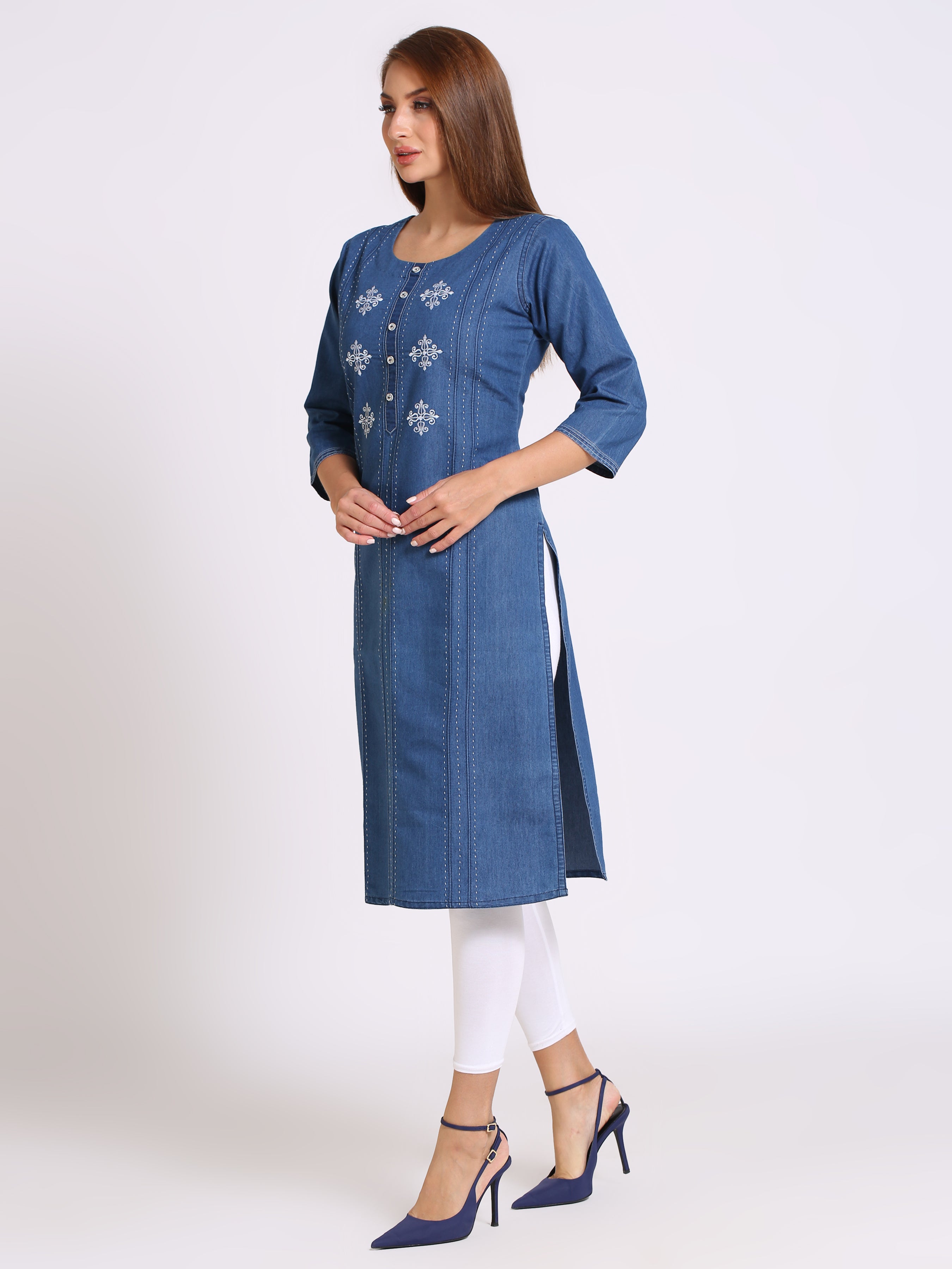 Denim Embroidered Dori Kantha work Round Neck Kurta