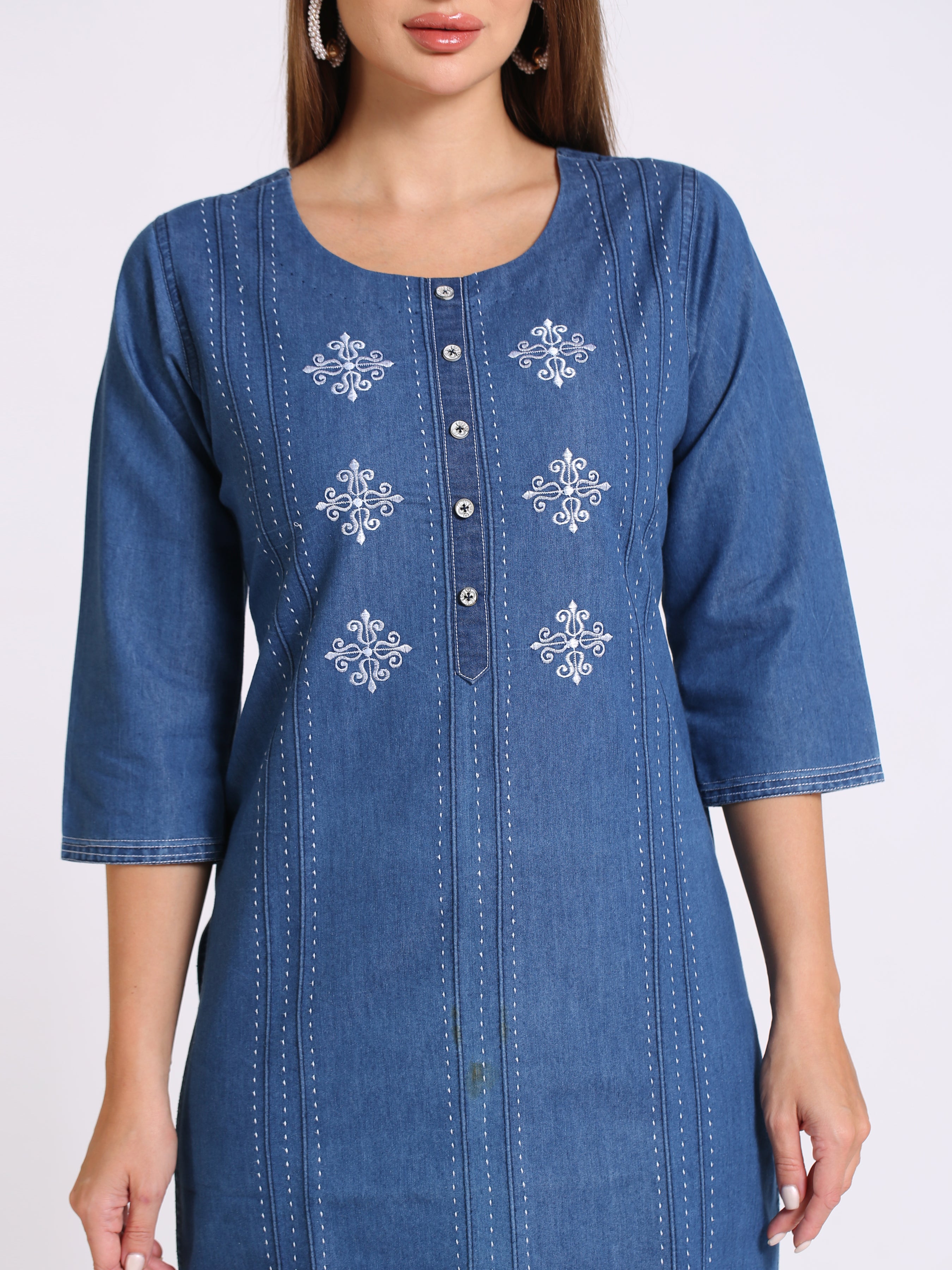 Denim Embroidered Dori Kantha work Round Neck Kurta
