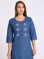 Denim Embroidered Dori Kantha work Round Neck Kurta