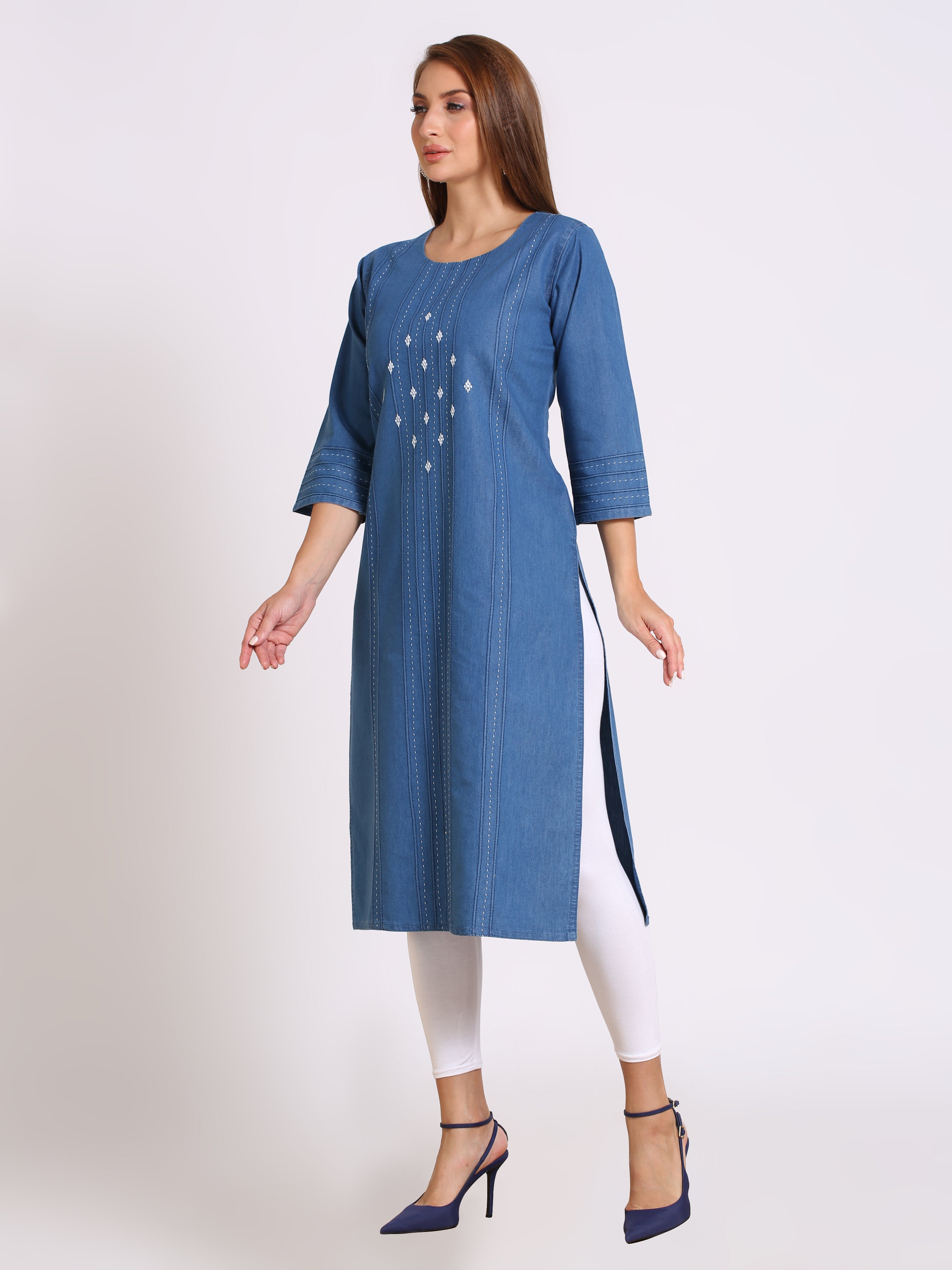 Denim Embroidered Kurta