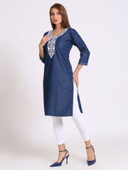 Denim Embroidered Kurta