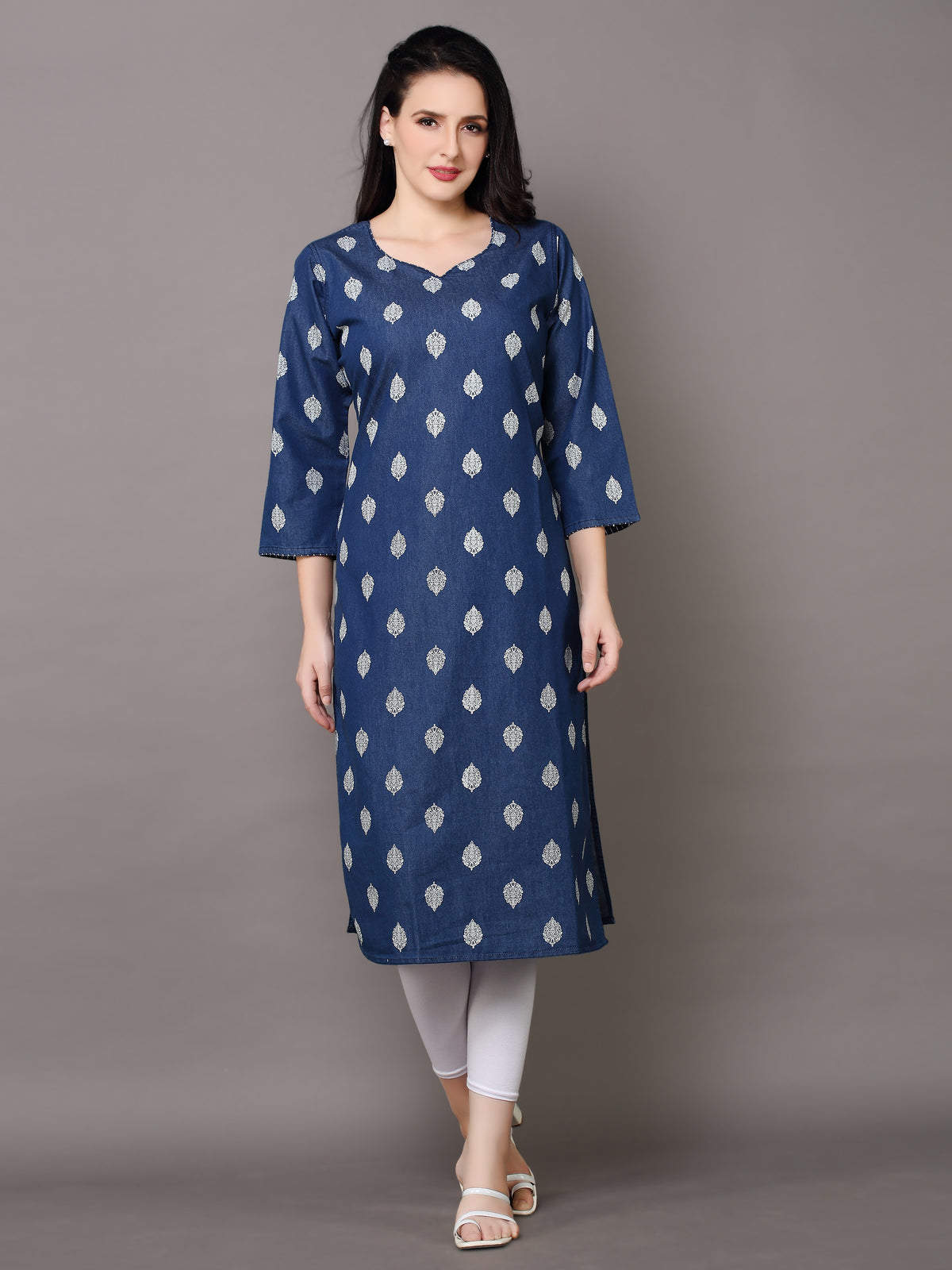 Denim Printed allover butta Round V Neck Kurta