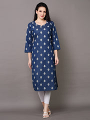 Denim Printed allover butta Round V Neck Kurta