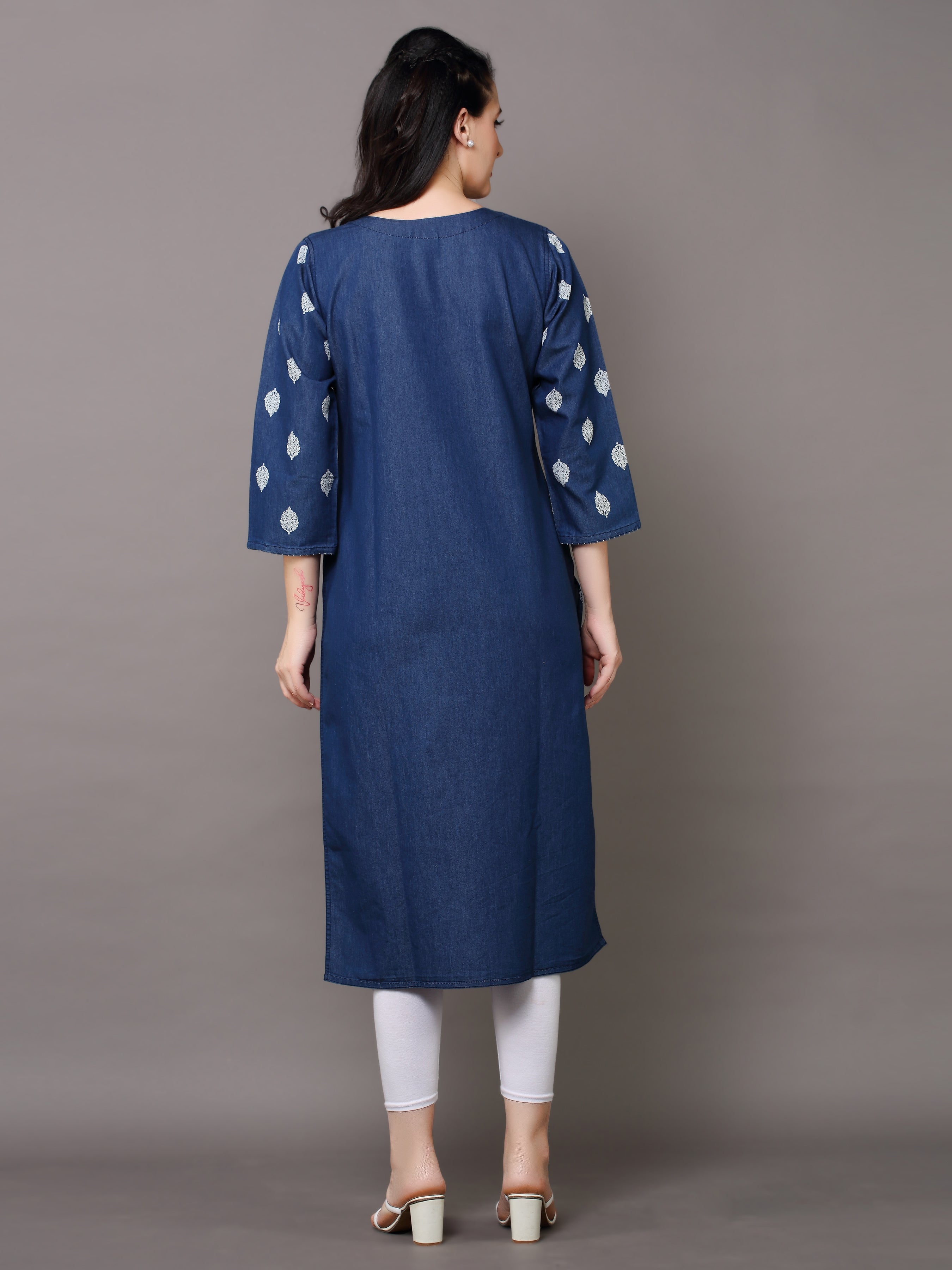 Denim Printed allover butta Round V Neck Kurta