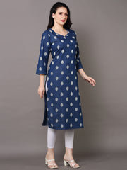 Denim Printed allover butta Round V Neck Kurta