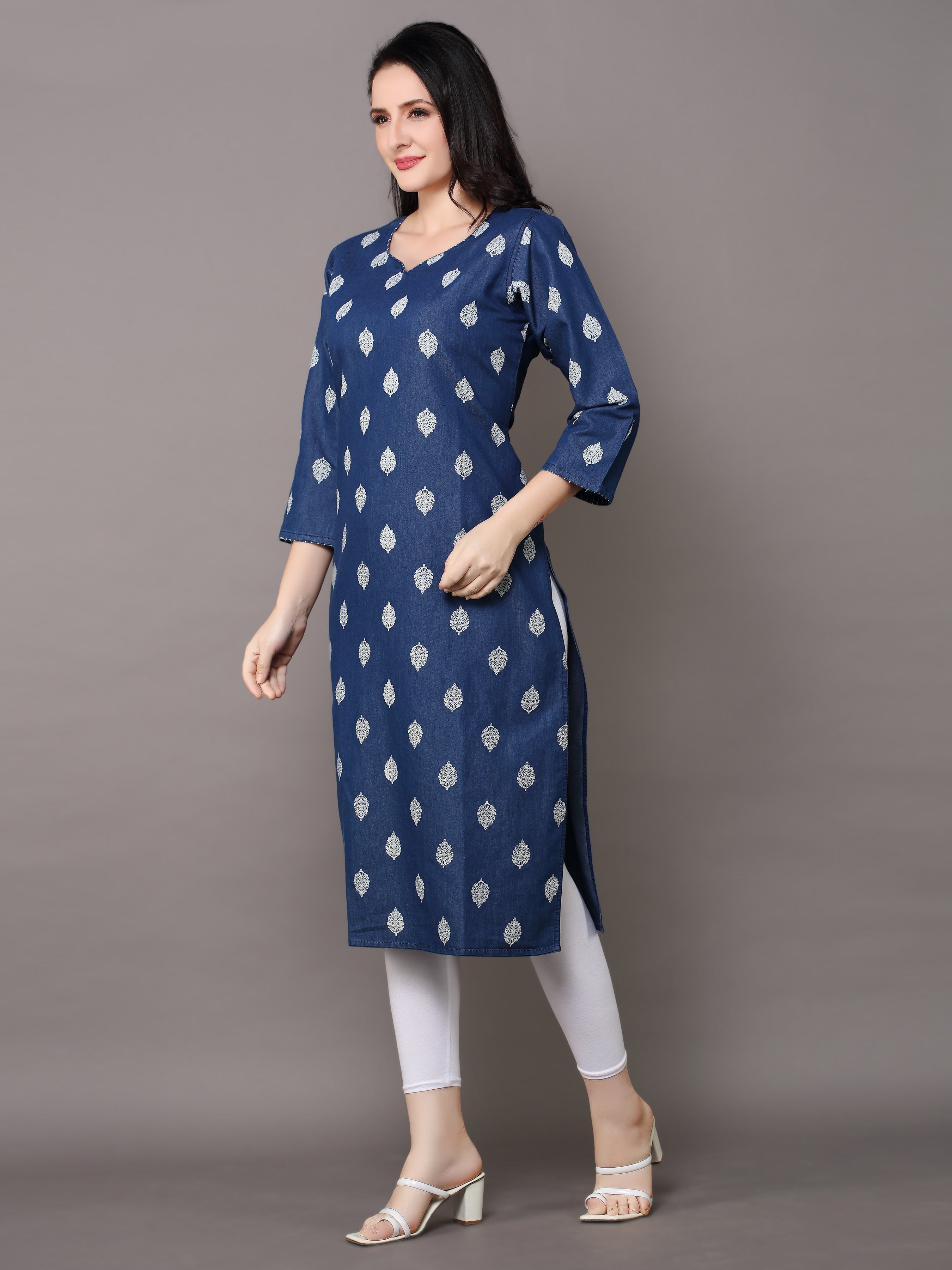 Denim Printed allover butta Round V Neck Kurta