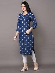 Denim Printed allover butta Round V Neck Kurta