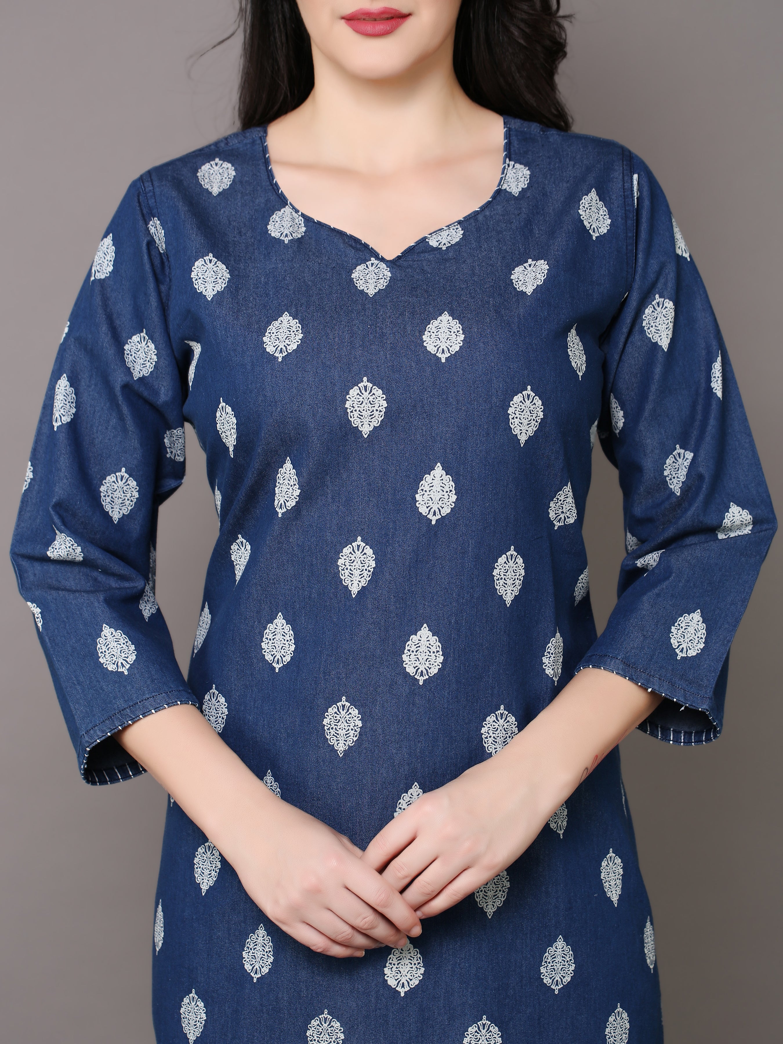 Denim Printed allover butta Round V Neck Kurta