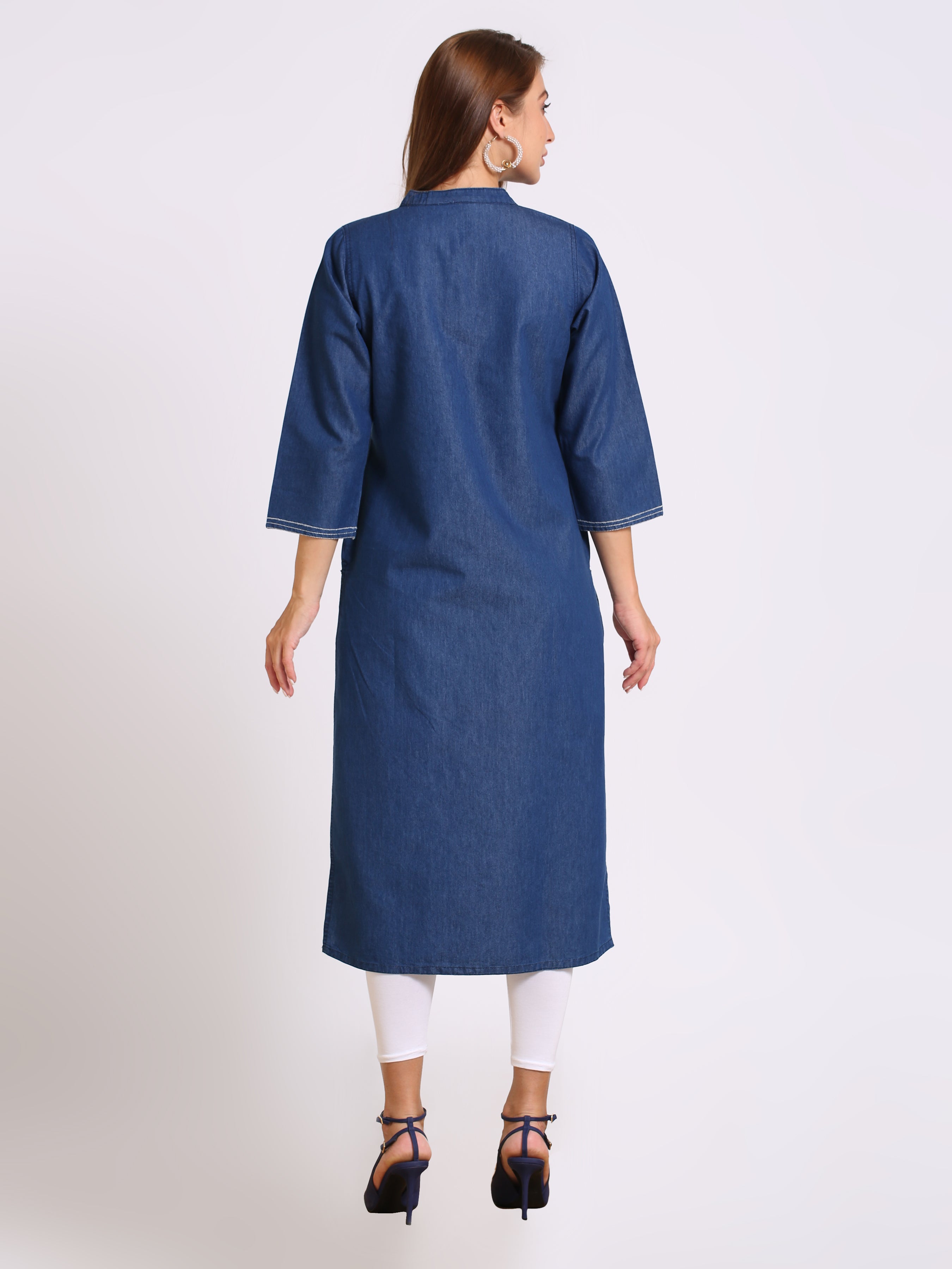 Denim Embroidered Mandarine Collar Kurta
