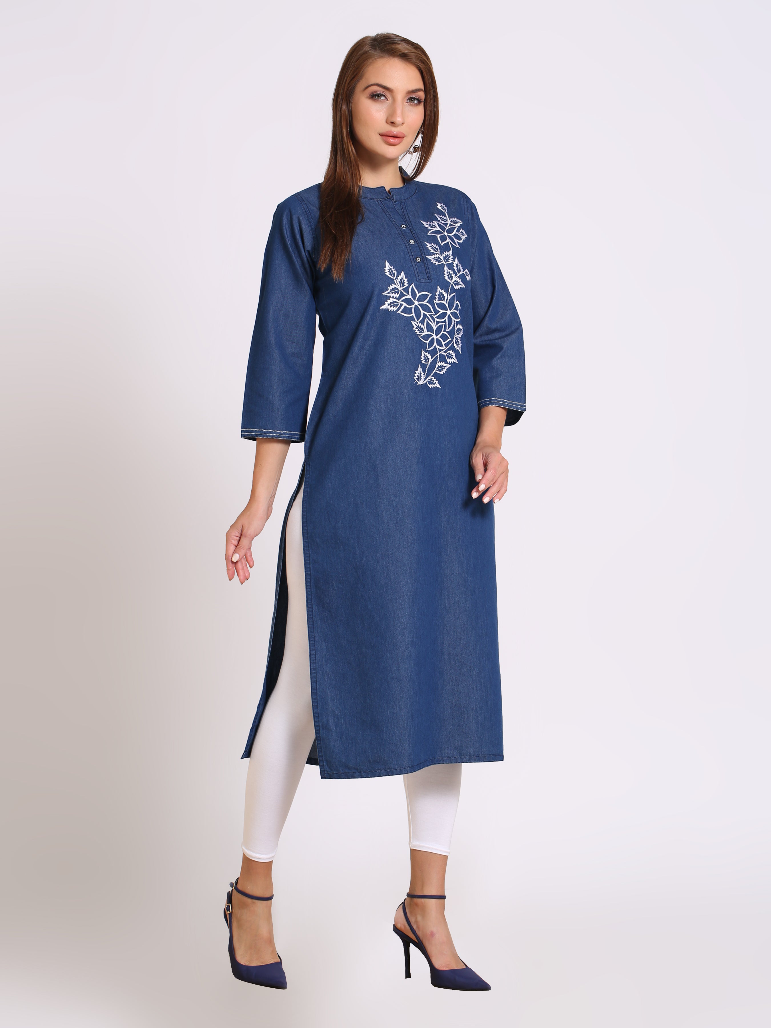 Denim Embroidered Mandarine Collar Kurta