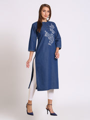 Denim Embroidered Mandarine Collar Kurta