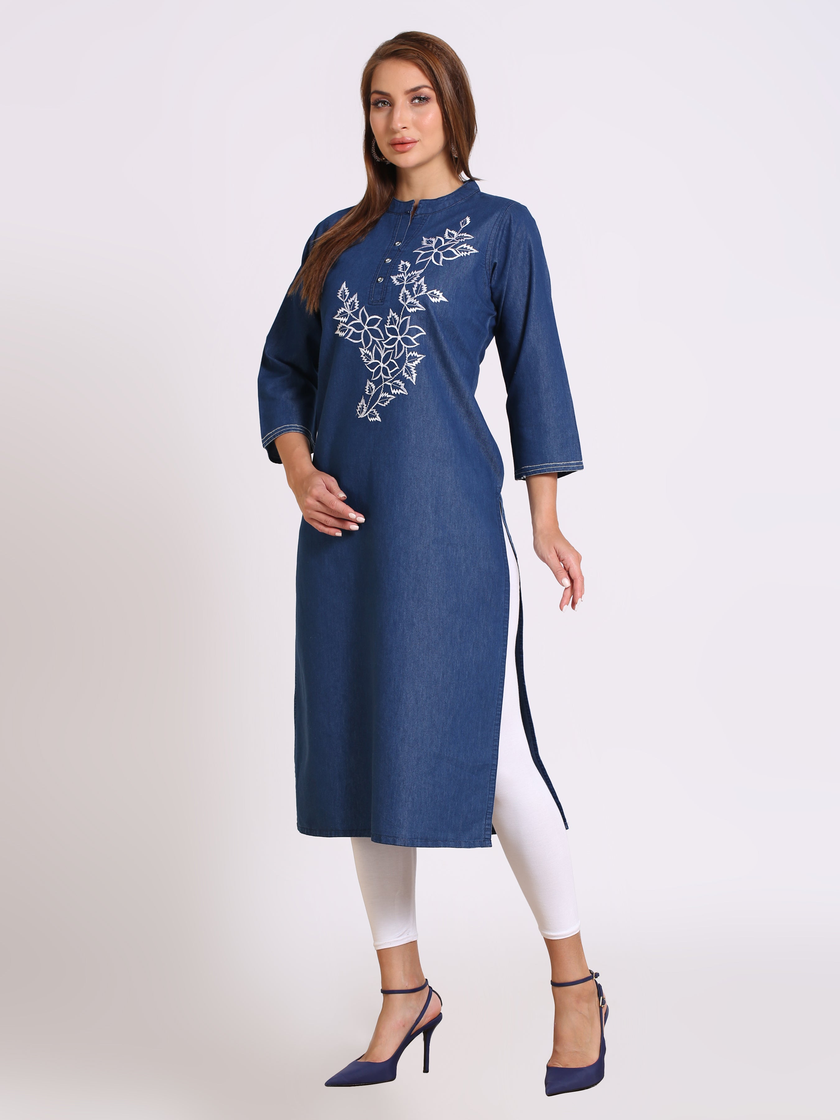 Denim Embroidered Mandarine Collar Kurta
