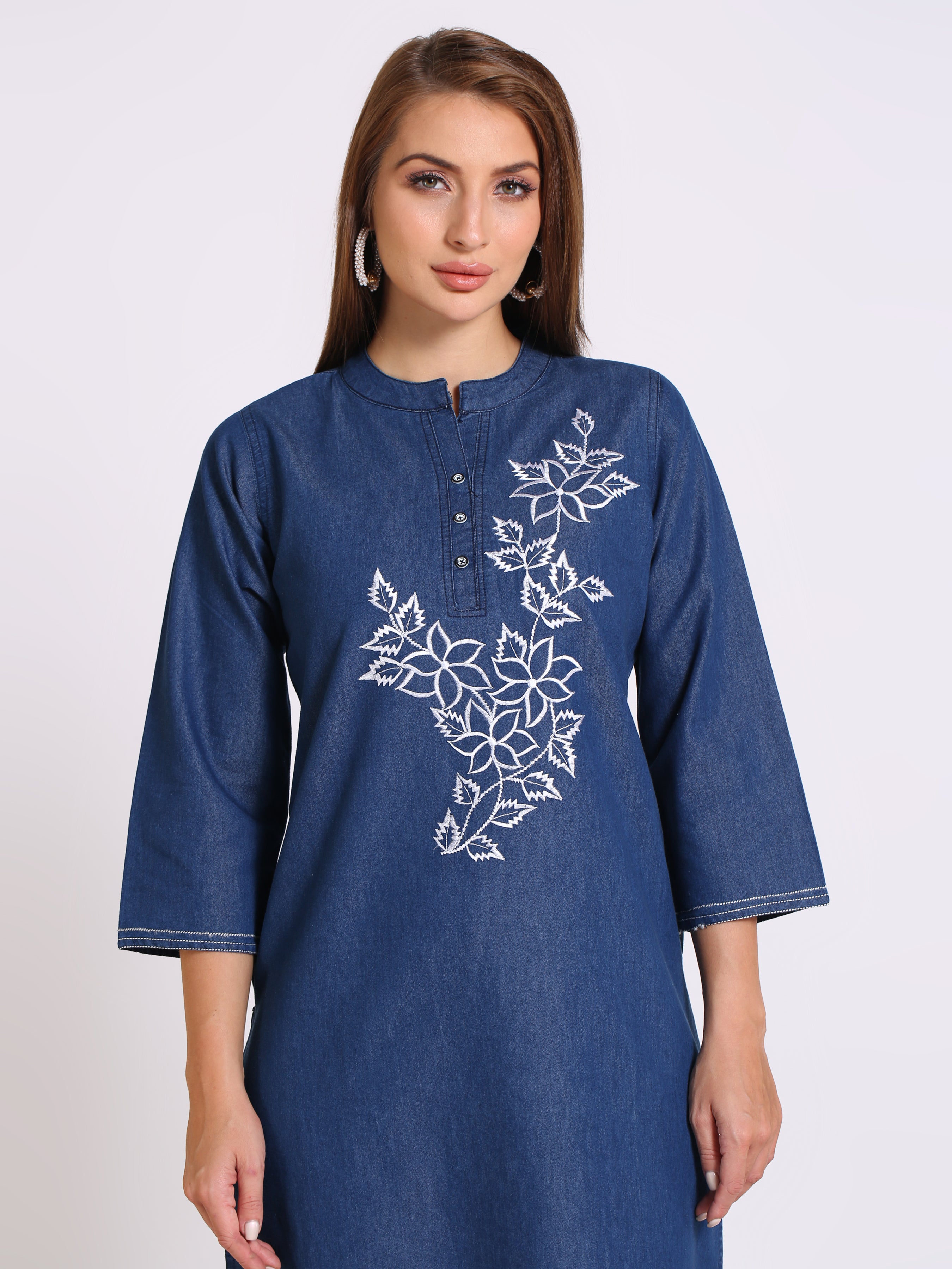 Denim Embroidered Mandarine Collar Kurta